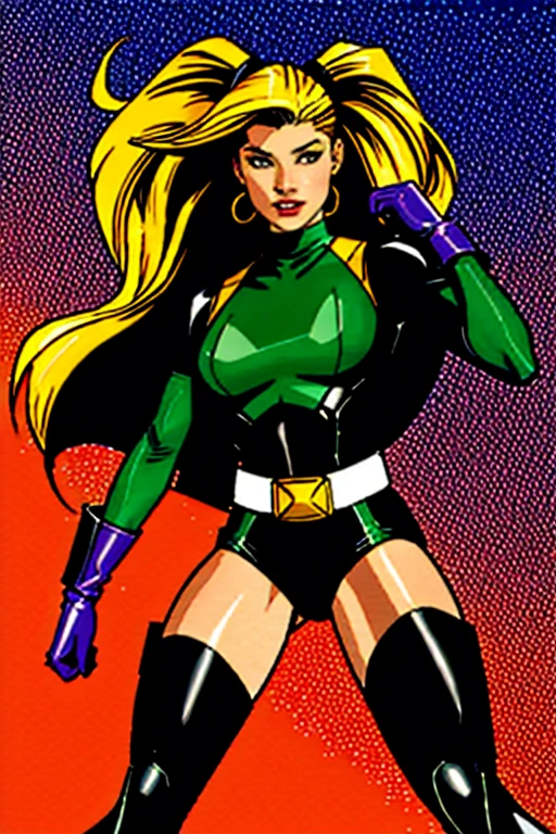 1girl, solo, gold eyes, seductive, teal hair, wet suit, explosive scene, sexy, open clothes, looking at viewer, flying, x-men, gambit of the x-men, full body, sexy position, comic book wallpaper, illustration, dynamic angle, <lora:oldSchoolManga_1:.4>