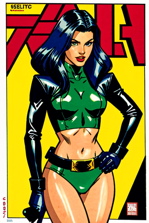 a drawing of a woman in a bikini and green cape, inspired por Bruce Timm, por Bruce Timm, cassandra cain in satin, franco para, por Randy Vargas, hera, bodybuilder superhero bikini, estilo pinup em quadrinhos, Feiticeira, colorful illustration, j. Scott Campbell, nico robin, Chris Moore. artegerm, j Scott Campbell