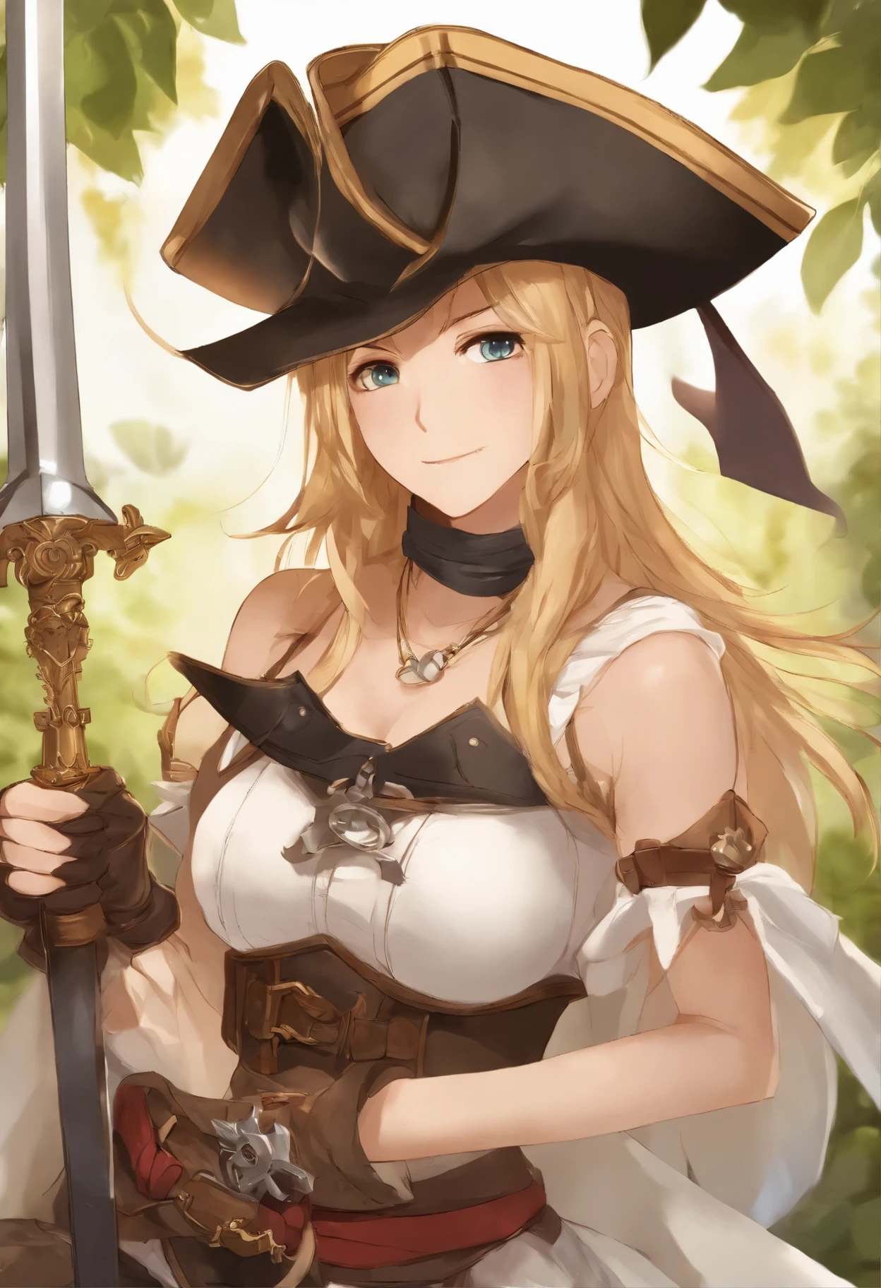 Anime girl in a pirate hat holding a sword and sword, Granblue Fantasy, marisa kirisame, marin kitagawa fanart, Female pirate captain, female anime character, zerochan art, detailed anime character art, boris valejo. octopath traveler, crisp clear rpg portrait, Pirate Queen, anime character art, Персонаж Final Fantasy Tactics, High-Quality Anime Art