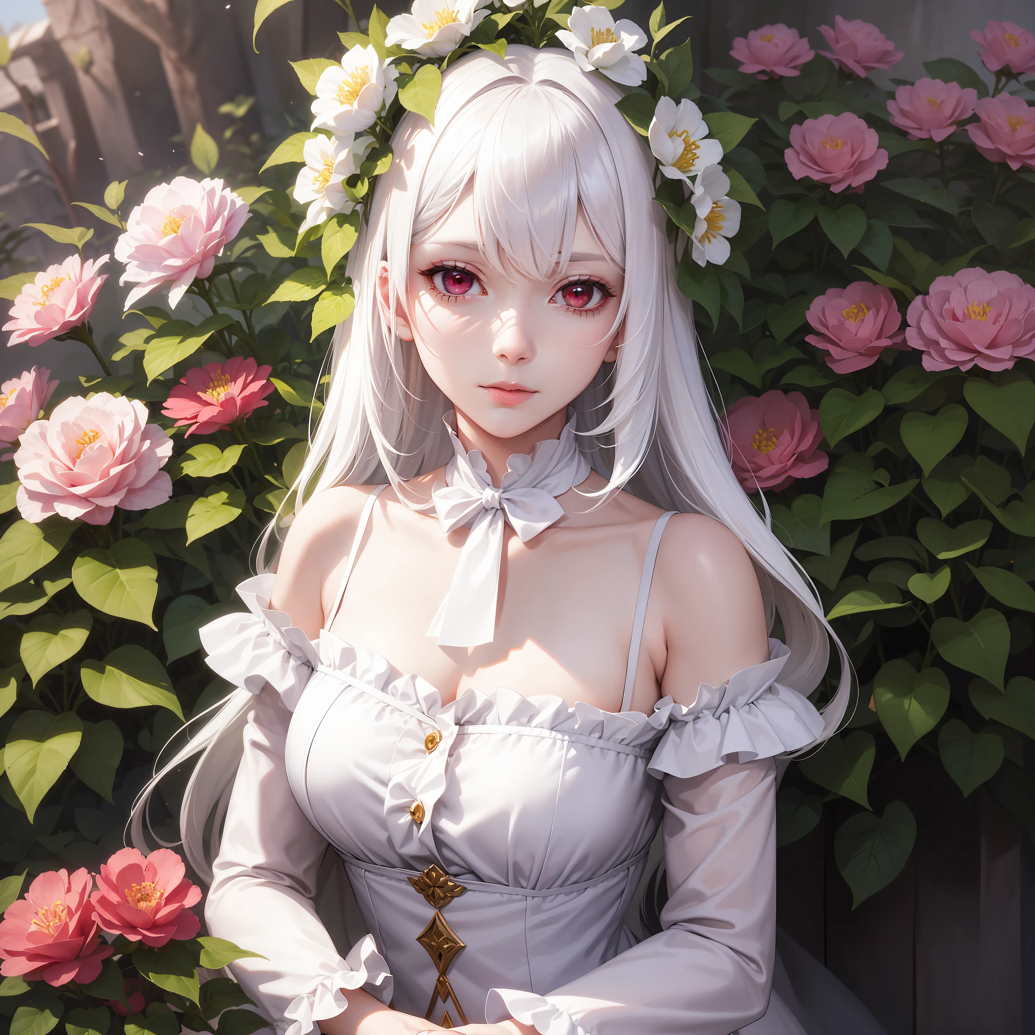 actual,1个Giant Breast Girl,White hair,red eyes,white skinned,Violet long dress,holding a flower in the garden