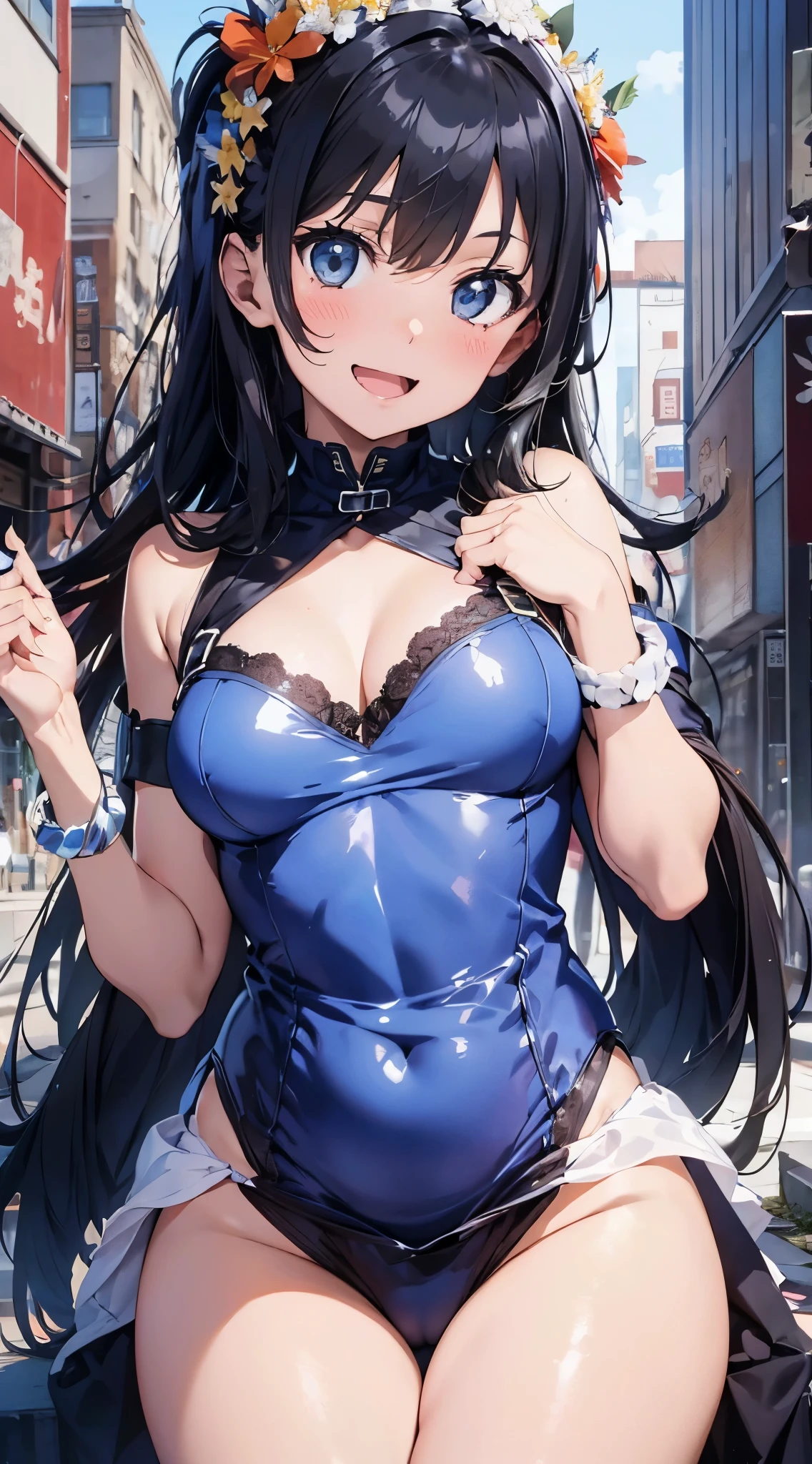 1womanl,Black hair,years ,(()),Beautiful breasts,(((sexy white and blue shiny cheongsam)))(())(((Blushing cheeks、Smile with open mouth)),(((Satin Narico))),((( portlate))),(,Crowds