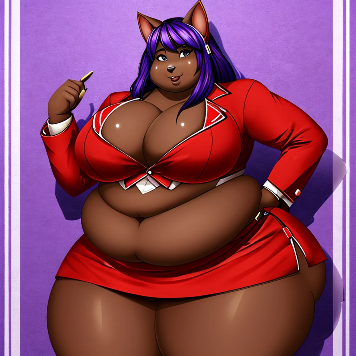 1girl, solo, Anthro, furry, cat girl, purple hair, ((dark skin)), ((dark skinned female)), ((red business suit)), cat ears, ussbbw, insanely inflated hips, insanely inflated belly, ussbbw weight gain, obese, insanely inflated thighs, fat rolls, fat arms, fat legs, tall, tail, midriff, mini skirt, navel, shiny skin, insanely wide thighs, cleavage, ((widest possible thighs)), ((inflated thighs:1.10)), thigh bulge, classroom background, ((obese)), ((morbidly obese))