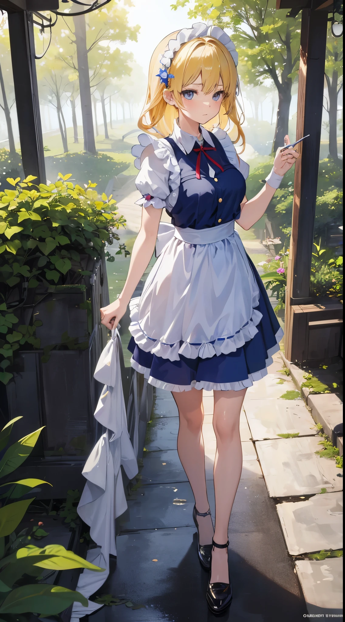 anime styled, High definition illustration, Perfect drawing, Draw anatomically correctly, alice in the wonderland, In the forest where the bright sun shines, Beautiful blonde girl urinating while standing, ((seminude:1.5)), A short, light blue dress with a simple design and frills., Layering a white apron,She holds the hem of her dress and apron together in her hands and rolls them up., He looks at me with a mixture of shyness and openness.,The girl&#39;s apron and skirt are rolled up, so you can see the urine coming out of her genitals., Red headband