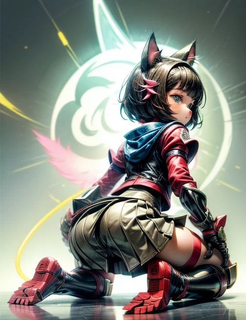 small girl,kneeling on the floor, short skirt, the perineum is visible, Cat's ears, parrot, spreads his  with his hands,  visible, seen from the back,  flows from the 