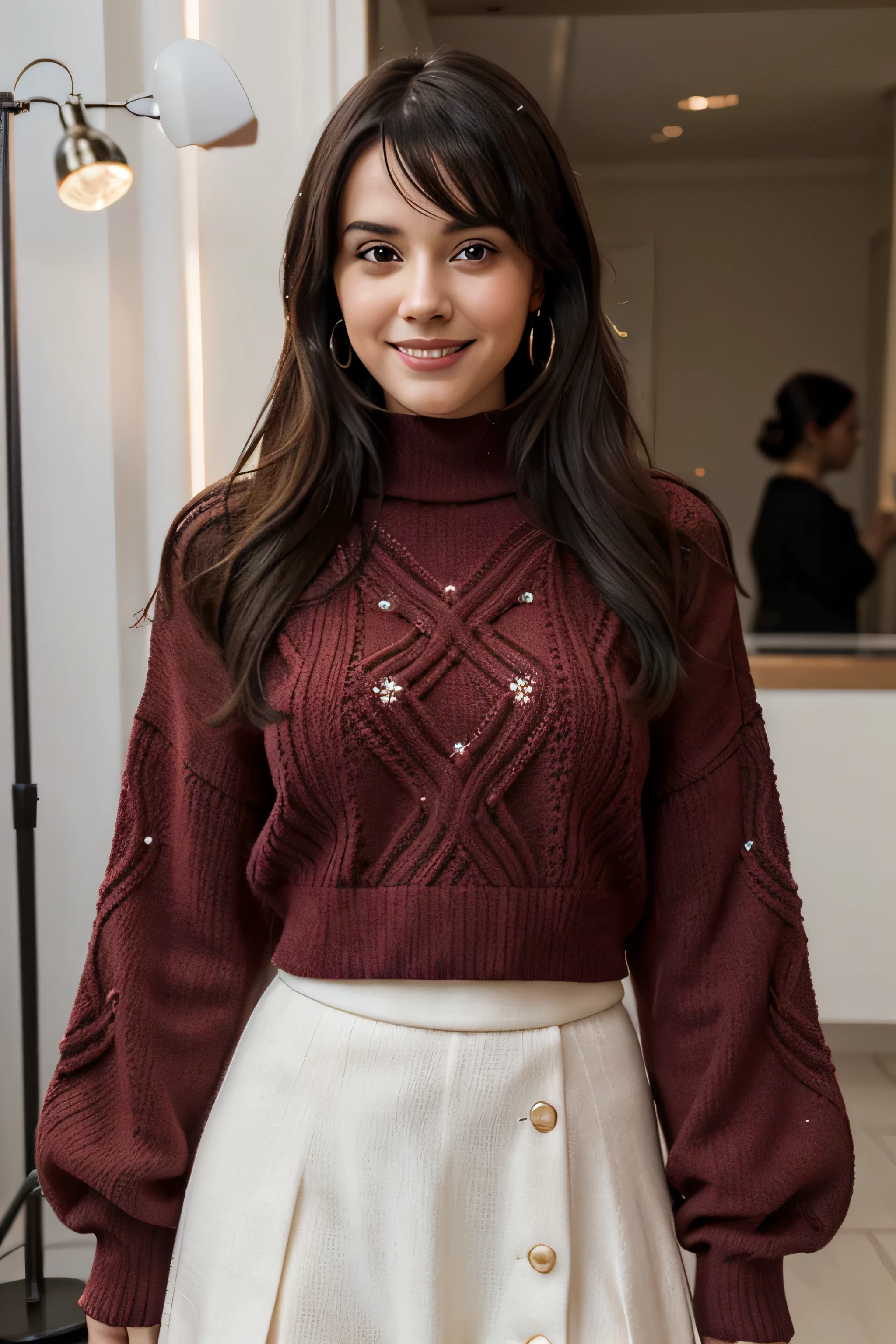A very cute woman, with extreme beauty and extreme cuteness and an extremely nice body and extreme cuteness, dark hair, fringe hairstyle, she playfully smiles and mocks fans with her cuteness. The perfect smile, sparkling eyes, dressed in red rib knitted sweater, with earrings In a scene of undeniable allure, the cute woman captivates with her extreme beauty and playful demeanor. Her dark hair, styled with a fringe, frames features accentuated by the perfect smile and sparkling eyes. Mocking fans with playful charm, she adds an element of delightful mischief to the atmosphere. Dressed in a dressed in red knitted sweater , her fashion choice injects a pop of vibrant color into the scene. The expert lens of Steven Klein captures this enchanting moment using a Canon EOS-1D X Mark III with a 50mm lens. The lighting, a fusion of natural and studio lighting, enhances the woman's beauty and radiance. This award-winning photograph boasts 8K, Ultra-HD, Super-Resolution quality. --v 5 --q 2, ((2579001917))