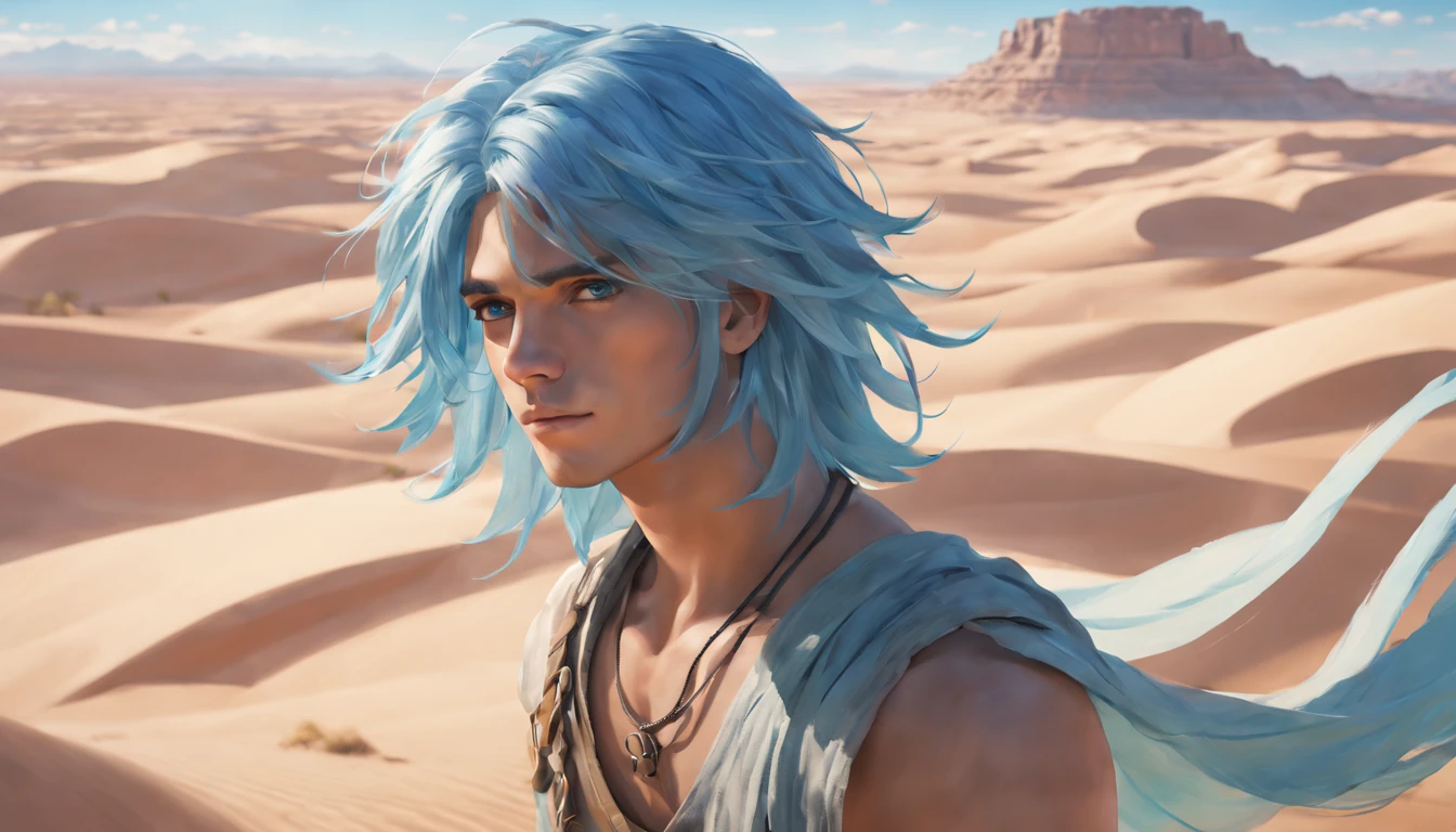 beautifully painted, high qulity, Super detailed CG illustration of young man with calm expression, Gaze into the distance,Striking light blue hair blowing gently in the desert breeze. The scenery behind him is vast and vast,breath-taking, Taking viewers into a world of wonder and discovery.