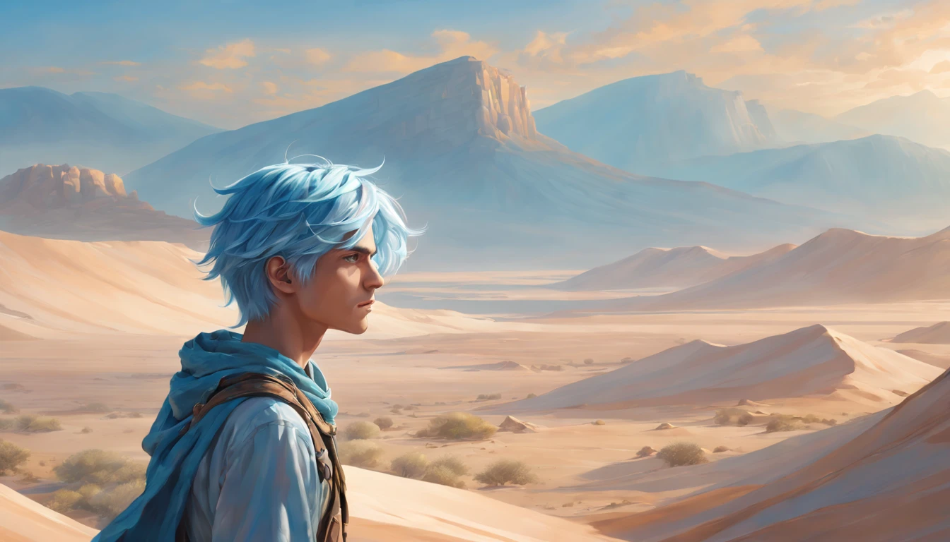 beautifully painted, high qulity, Super detailed CG illustration of young man with calm expression, Gaze into the distance，Striking light blue hair blowing gently in the desert breeze. The scenery behind him is vast and vast，breath-taking, Taking viewers into a world of wonder and discovery.