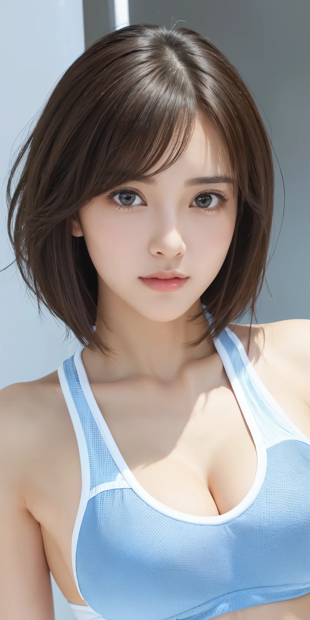 Photorealsitic、masuter piece、top-quality、hight resolution、Raw photo、realisitic、Bright lighting、face lights、Smooth professional lighting、Women in Japan、Beautuful Women、modeled、gravure、A sexy、Super beautiful、realisiticで美しい肌、Beautiful and detailed eyes、A detailed face、slim、medium large breasts、short-hair、brunette color hair、eyes are brown、is looking at the camera、trainingwear、training gym、Muscle training、