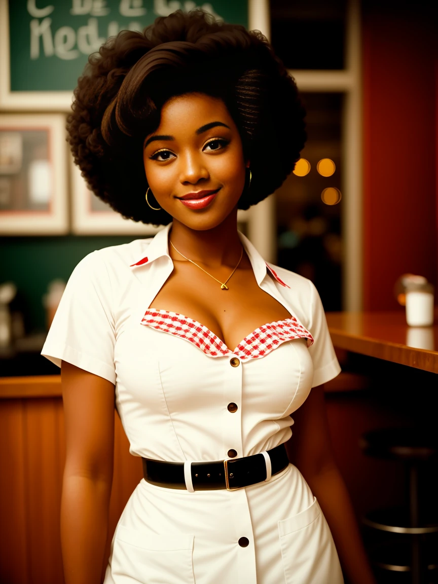 a waitress, pinup, dark skin, afro, art style, kodak portra 400, cinematic, (smiling:0.6), (closeup:0.8)