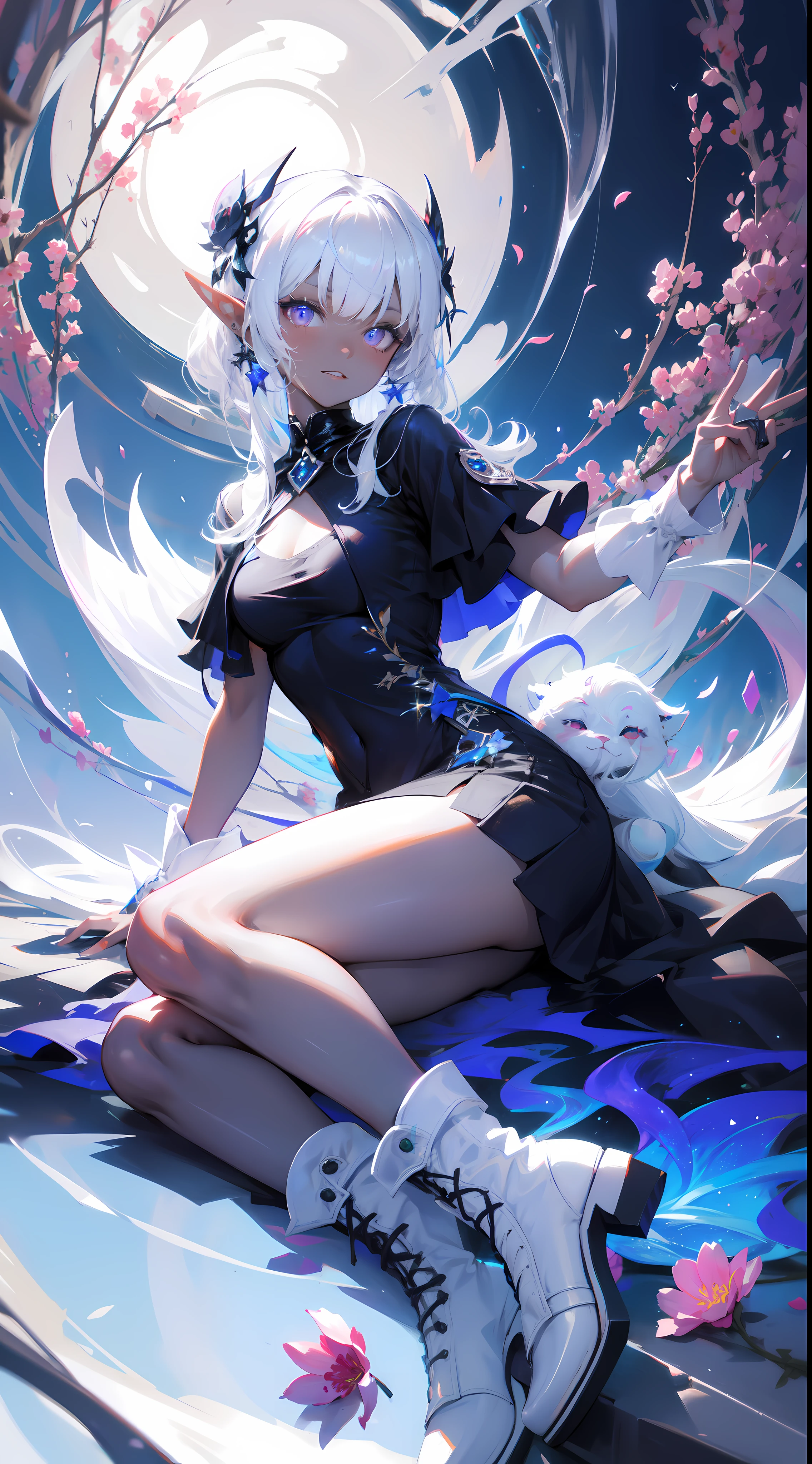 ((masterpiece, best quality)), official art, 8k wallpaper, ultra detailed,  mature dark elf girl, ((dark blue and white dress)), girl in a buble, sitting, flowers, expressionless, ((White boots)), glass texture, light transmission, spectral light, gradient translucent glass melt, caustic, transparent glass texture, high detail luminescence, (prismatic patterns on hair and clothes:1.3), ((glowing petals encircle and intertwine around her)), watercolor, watercolor style, splatter, vibrant color, art by Artgerm, by Kawacy, by Yoshitaka Amano, BREAK, highly detailed of (dark elf), (1girl), solo, perfect face, details eye, Blunt bangs, (hair between eye), white hair, violet eyes, BREAK, eyelashes, eyeshadow, pink eyeshadow, (dark skin:1.2), glaring, smile, medium breast, BREAK, extremely detailed, Dutch angle,