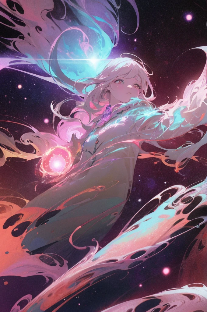 inconceivable and spectacular a scene of emergence of a woman from the glowing cloud, looking at viewer, fractal nebula threads, cosmic entities, celestial, cosmic, vibrant and vivid, swirls, twirling, unrealistic, high contrast, symobolism, magical, mystical, mystifying, hyperrealistic, oversaturate, colorfully