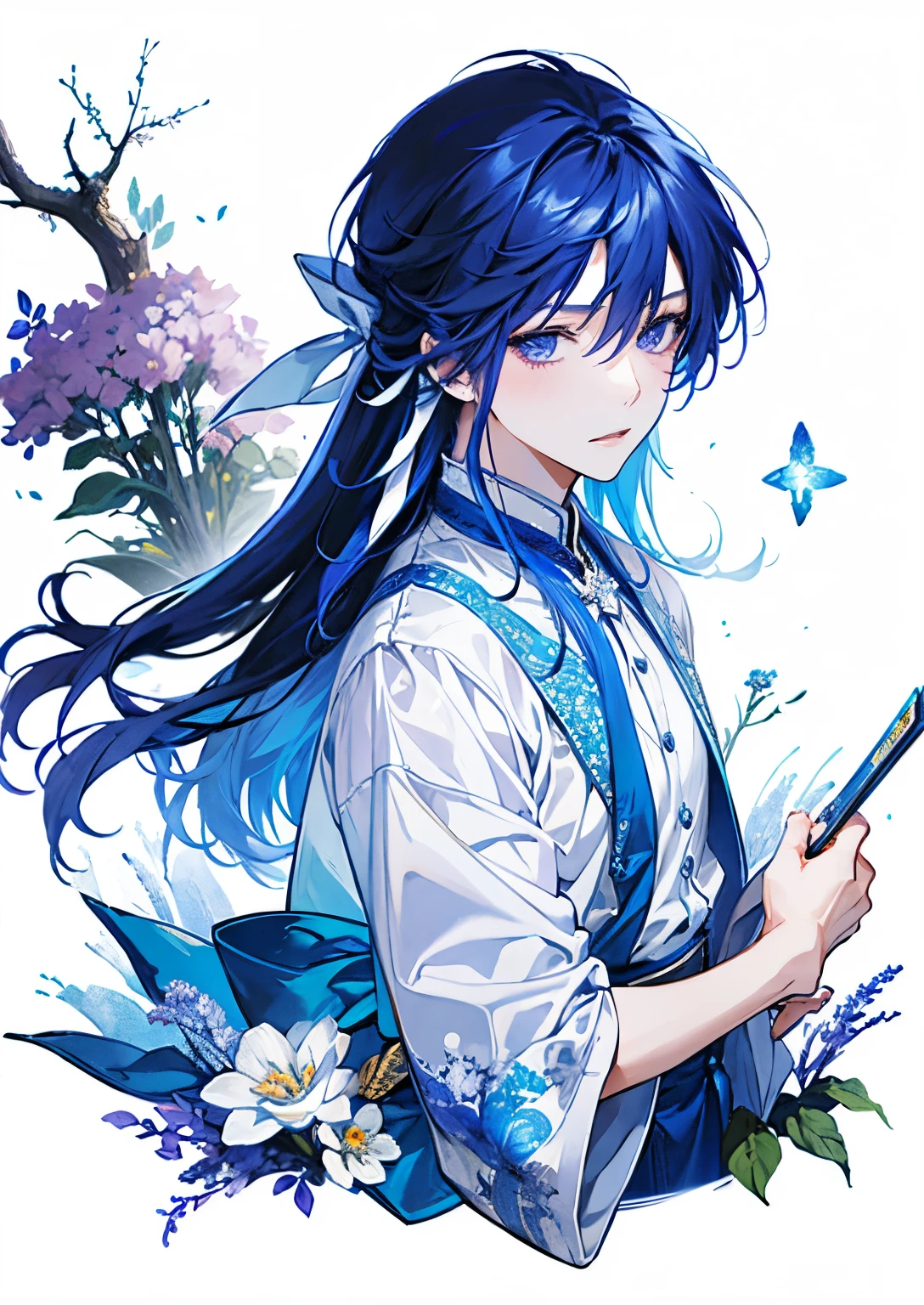 Close-up of anime boy in white and blue dress, Official art, boy with very long purple hair,  Cure,  he has dark blue hair, Blue-eyed boy, Official Character Art, Magical Boy, official illustrations,  Magical Boyのスタイル, sapphire prince, Wallpaper!, With shining blue eyes, !!Full body portrait!!, hight resolution, Magical Boyの肖像