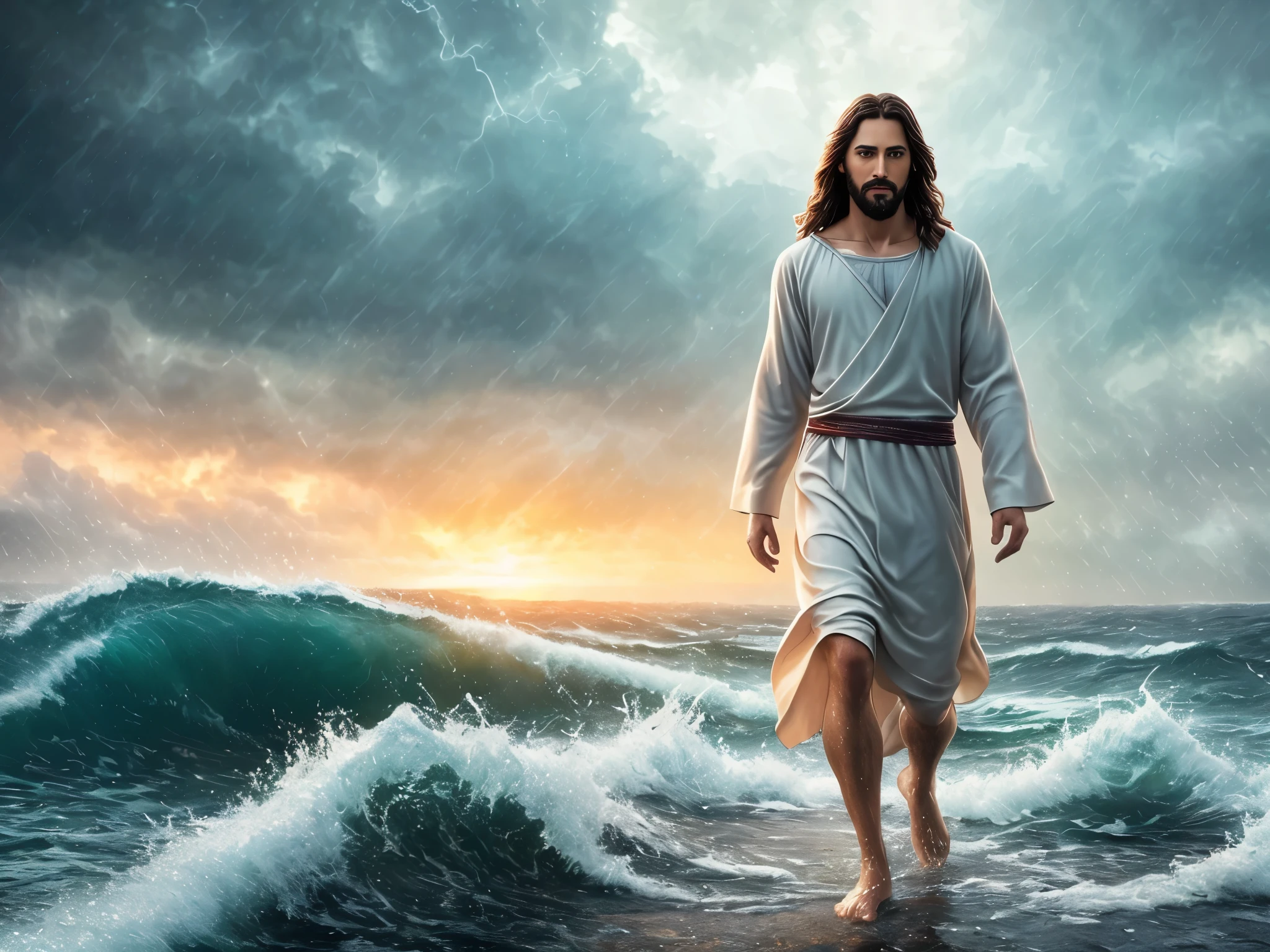 jesus walking on water in a storm, masterpiece, best quality, high quality, extremely detailed CG unit 8k wallpaper, award winning photography, Bokeh, Depth of Field, HDR, bloom, Chromatic aberration, photorealistic, extremely detailed, trending on artstation, trending on CGsociety, intricate, high detail, dramatic, mid-journey art, volumetric lighting