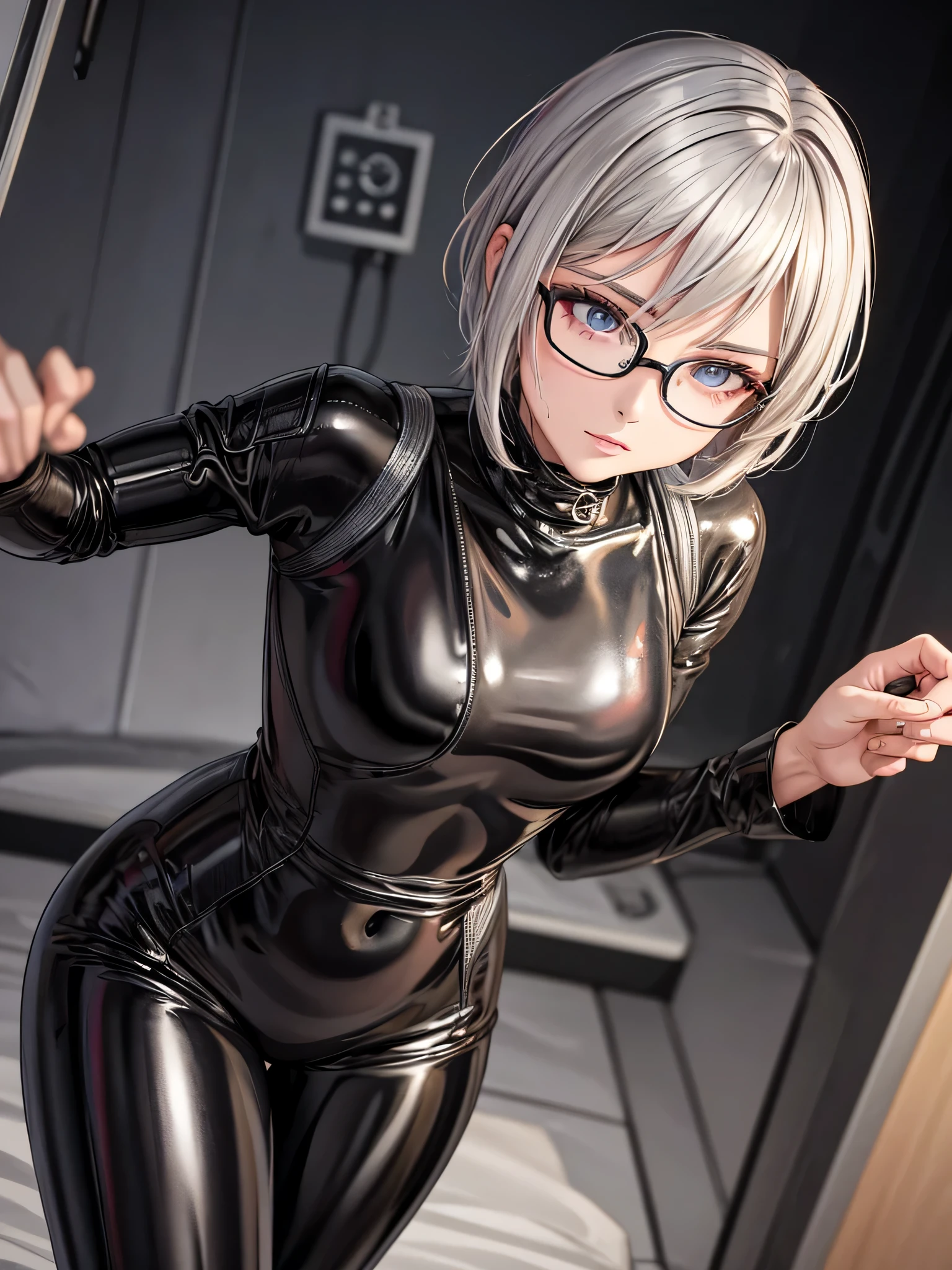 Top quality 8K UHD、A beautiful woman with short hair and silver hair is posing in glasses and a black metallic latex sweatsuit。、black metallic latex sweatsuit with hidden skin