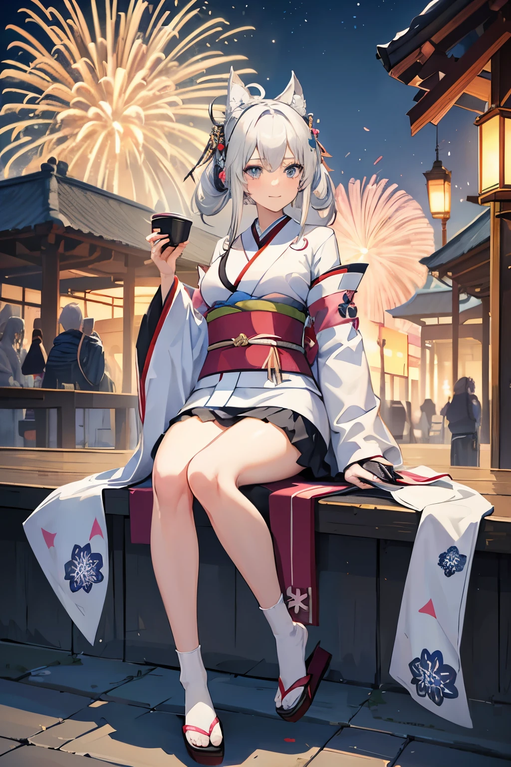 "anime girl, 1 person, silver white hair mixed with black, blue eyes, wearing headphones, women's kimono, same kimono, big breasts, holding cotton candy, long socks, standing cross-legged, shy smile, side view , festival, New Year's Eve fireworks, fireworks, solo(full HD Image 4K+)"