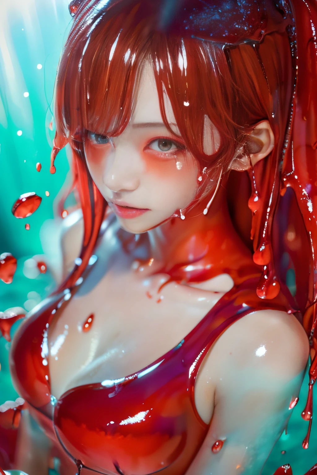 (hight resolution,masutepiece:1.2),Ultra-detailed,(Realistic:1.37),Portrait,Slime Girl,covered in red slime, (partially transparent), (Wet with water), (red sweat), Slimy red liquid dripping from her body. Her hair is also covered in red slime. red slime splatter, red hairs, red eyes