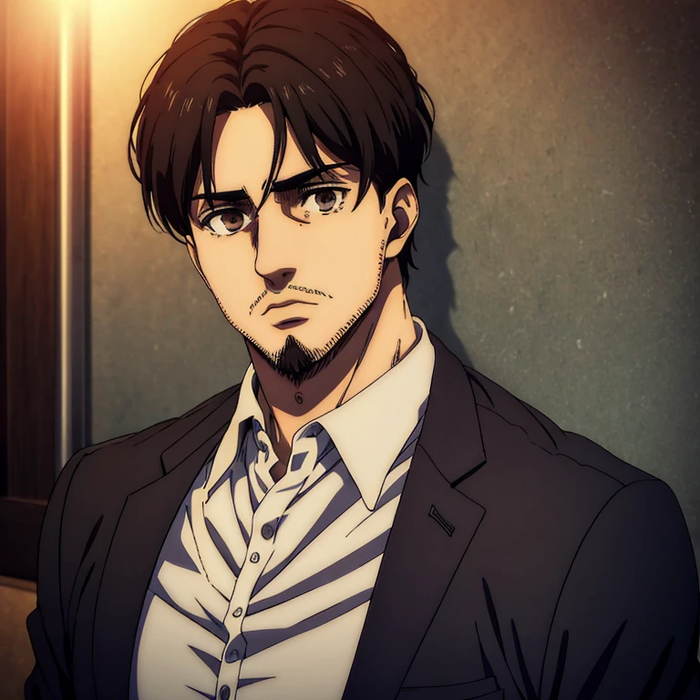 Teen male character who has brown eyes and  short black  hair in the Mappa art style. He is depicted in a grey shirt. He has short beard  in anchor goatee style in short length .He is also suit. He is also fair. The artwork should have the best quality, with ultra-detailed and realistic features. The color palette should be vivid, and the lighting should emphasize the character's facial structure and expression.