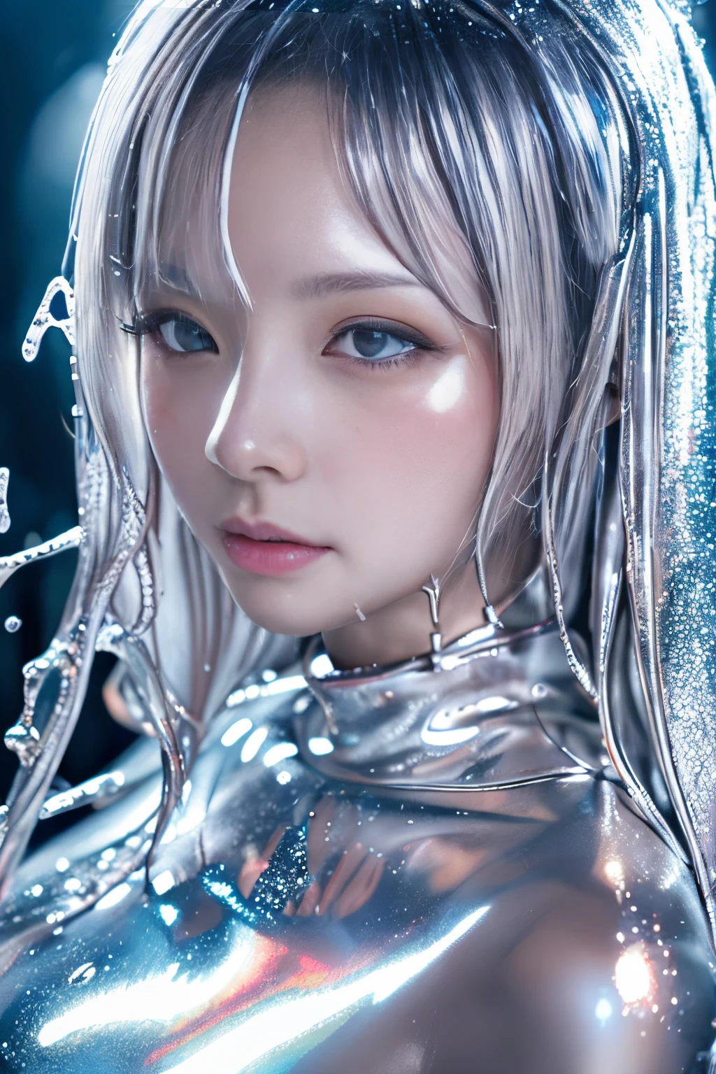 (hight resolution,masutepiece:1.2),Ultra-detailed,(Realistic:1.37),Portrait,Slime Girl,covered in silver slime, (partially transparent), (Wet with water), (silver sweat), Slimy silver liquid dripping from her body. Her hair is also covered in silver slime.. silver slime splatter, Silvery hair, Silvery eyes