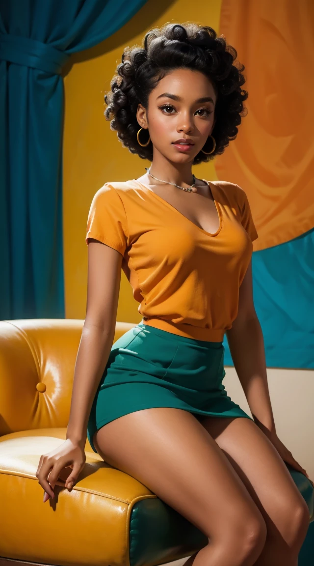 20 years old girl sitting on the chair, dark skin, afro hair, vintage, retro pin up style,sexy, , surprised, mini tight skirt, flowing skirt, colorful , orange and teal color scheme, masterpieces art work, illustrated,