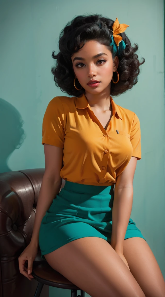 20 years old girl sitting on the chair, dark skin, afro hair, vintage, retro pin up style,sexy, , surprised, mini tight skirt, flowing skirt, colorful , orange and teal color scheme, masterpieces art work, illustrated,