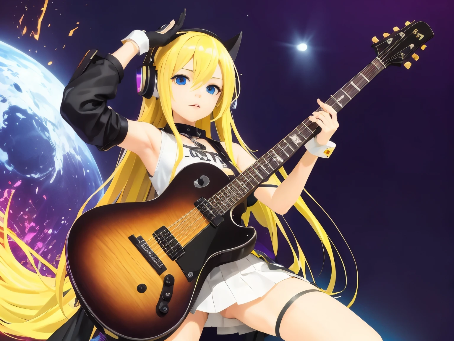 masterpiece, top quality 16k raw photo of Vocaloid3 Lily posing with guitar, blond hair blue eyes. navel look white skirt. black T-shirt. hand behind her head. gloves.