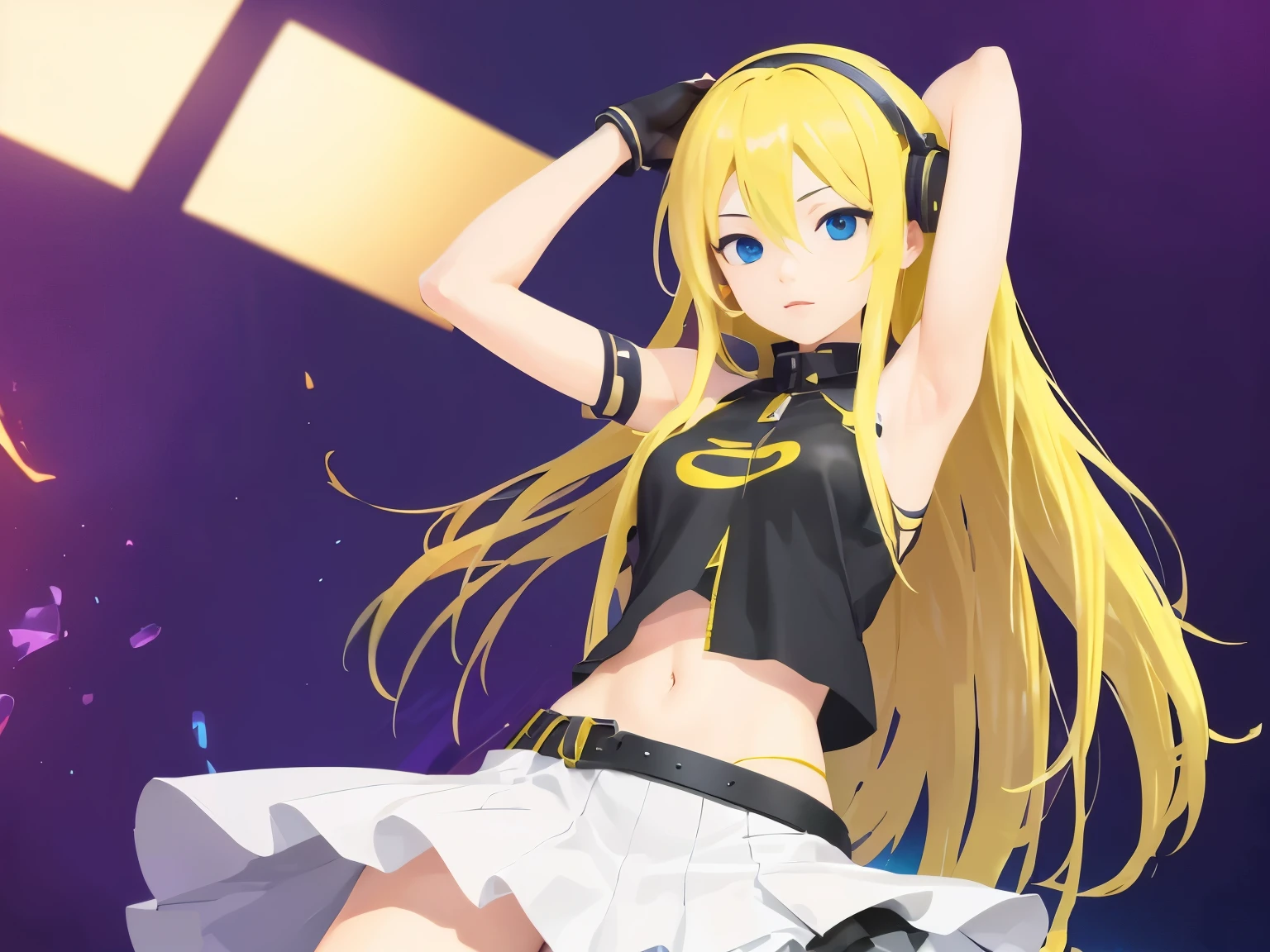 masterpiece, top quality 16k raw photo of Vocaloid3 Lily posing with guitar, blond hair blue eyes. navel look white skirt. black T-shirt. hand behind her head. gloves.