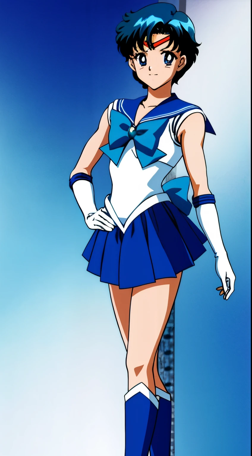Top Quality Anime Art、​masterpiece、high definition anime art、アニメstyles4K、Sailor Senshi Uniform、Anime Boy、Handsome boy、Junior high school boys、Ami Mizuno、gender change、Sailor Mercury、gender change(Girls to boys)、rating:safe、solo、Blue sailor collar、Sky blue bow tie、Magical Boy、Blue choker、Very short blue-haired boy、jewelry、skirt、耳环、white glove、elbowgloves、bow、Masculinization、Blue knee boots、Blue Heeled Boots、a blue skirt、circlet、Blue-eyed boy、back_bow、muscular and strong、White leotard、highleg leotard、robe blanche、Boy with very short black hair、blue_bow、sky blue_bow、white_bow、Strong muscles、Boy standing、smile、Rogue Anime Boy、a miniskirt、pleatedskirt、Muscular men、photo、Bare shoulders、bare legs、レトロなAnime Boy、an retro anime image、cel shaded anime、Hymns to the King as a Prince、full-body close-up shot、Anime、Soft lighting、(1990's(styles):0.9)、