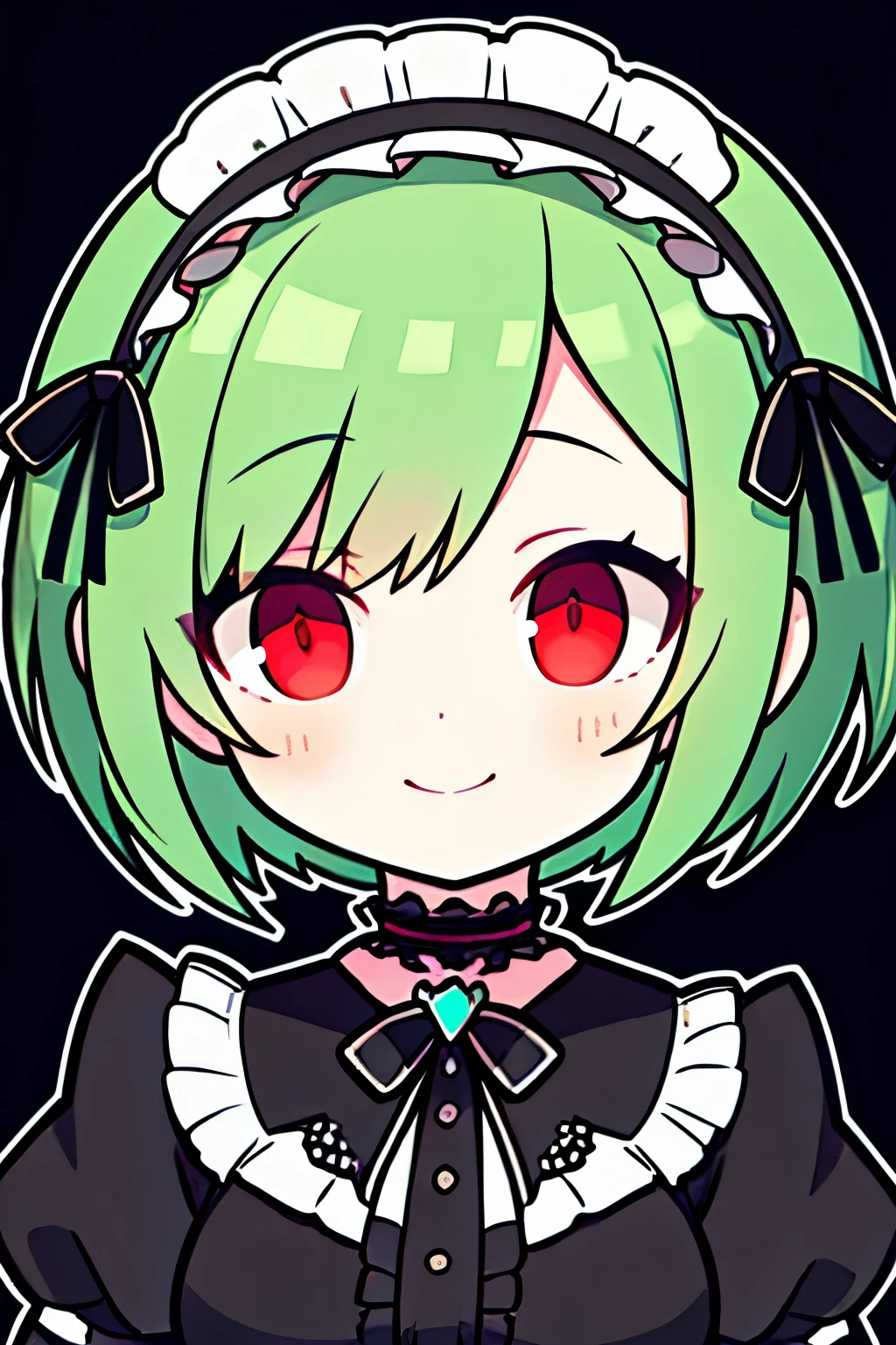 ((best quality)), ((masterpiece)), ((detailed)), perfect face, 1girl, transparent_background, solo, hair_over_one_eye, green_hair, frilled_hairband, frills, looking_at_viewer, smile, closed_mouth, choker, black_choker, portrait, gloves, black_gloves, red_eyes, black_background, short_hair, gothic_lolita, maid_dress