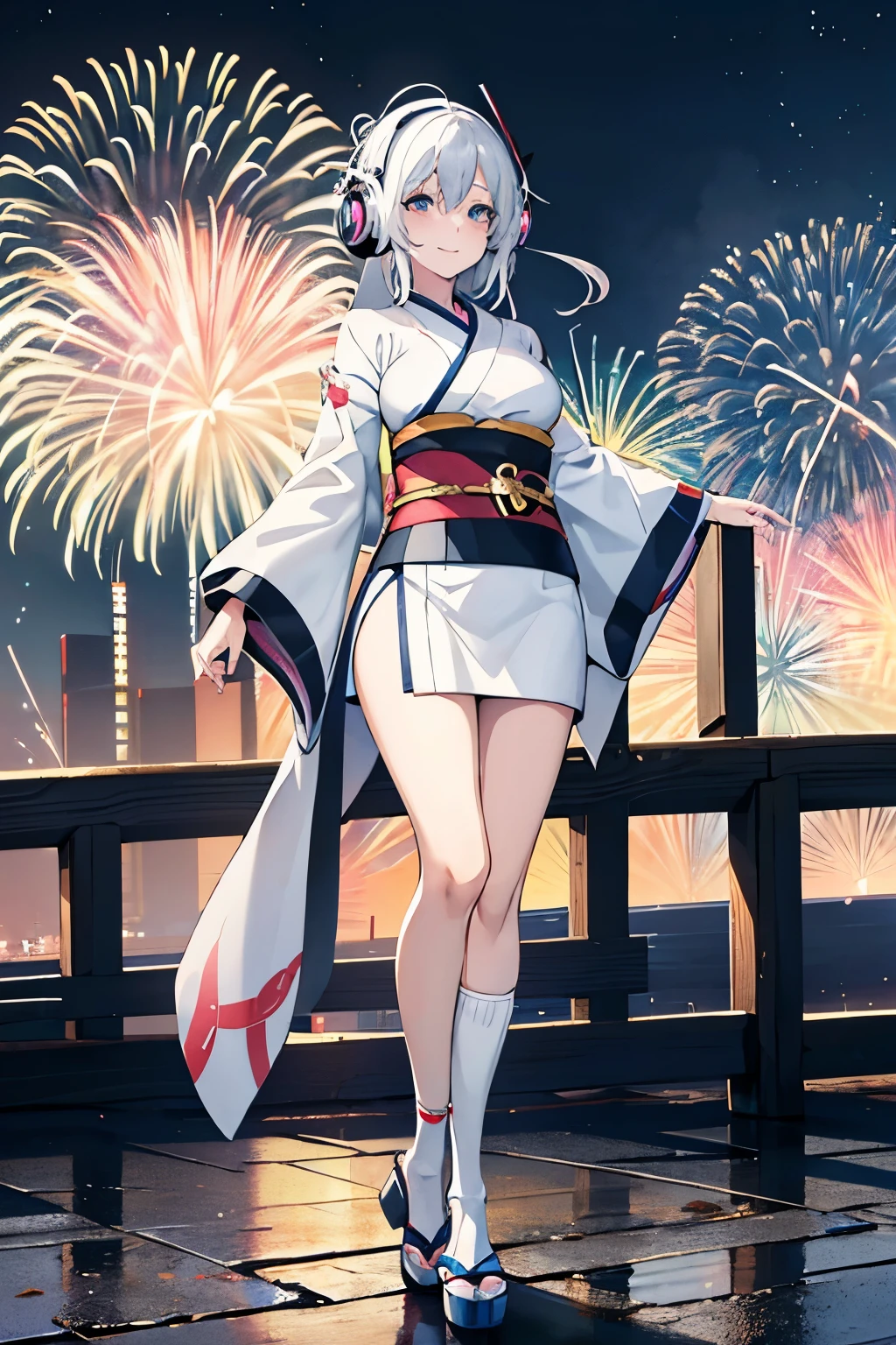 "anime girl, 1 person, silver white hair mixed with black, blue eyes, wearing headphones, women's kimono, same kimono, big breasts, long socks, standing cross-legged, shy smile, side view , festival, New Year's Eve fireworks, fireworks, solo(full HD Image 4K+)"