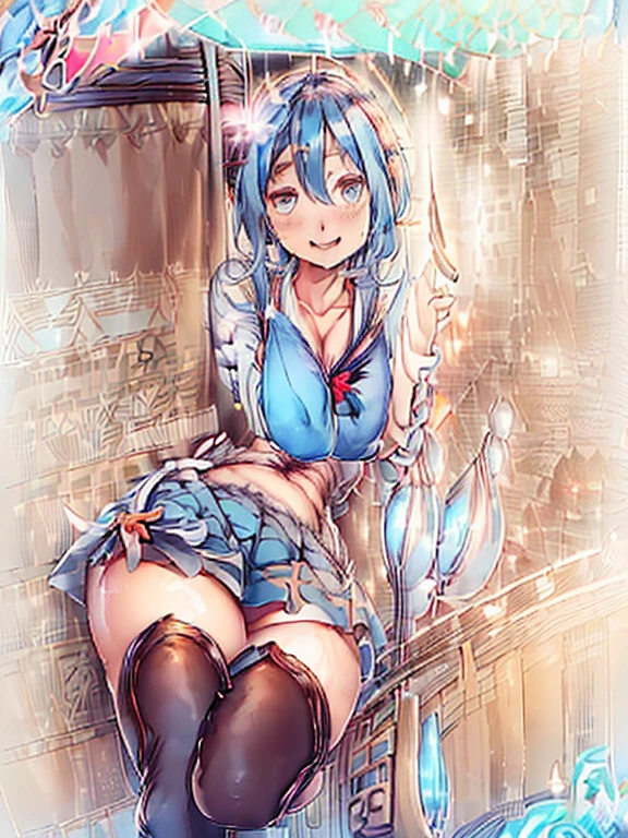 (A woman is using magic to flip up her own skirt, Windでスカートがめくれている, Blue Panties:1:3), Beautiful Anime Woman, Beautiful art style, Anime characters, ((Smooth texture, Realistic texture, アニメCGWind)), ((Highest quality)), (Very detailed), (Very detailed CG 統合 8k 壁紙), Very detailed, High-resolution RAW color photos, Professional photography, masterpiece, Highest quality, beautiful and big breasts, Slender body, (Stunningly beautiful woman), (Detailed face:1.2), (Blue Hair, White Dress, belt,White mini skirt, Red eyes, Yellow Circlet, Yellow Globe, Yellow Boots, Blue Cape), Outdoor, nature, Wind, Perfect lighting, Perfect Shadow, Exact number of arms, Exact number of legs, Perfect Anatomy, Exact finger count、Exact number of legs、(Exact number of arms:1.0, Exact number of hands:1.0), (Perfect hands, Perfect Anatomy), (Embarrassed expression), Angle from the front, Dragon Quest, wise