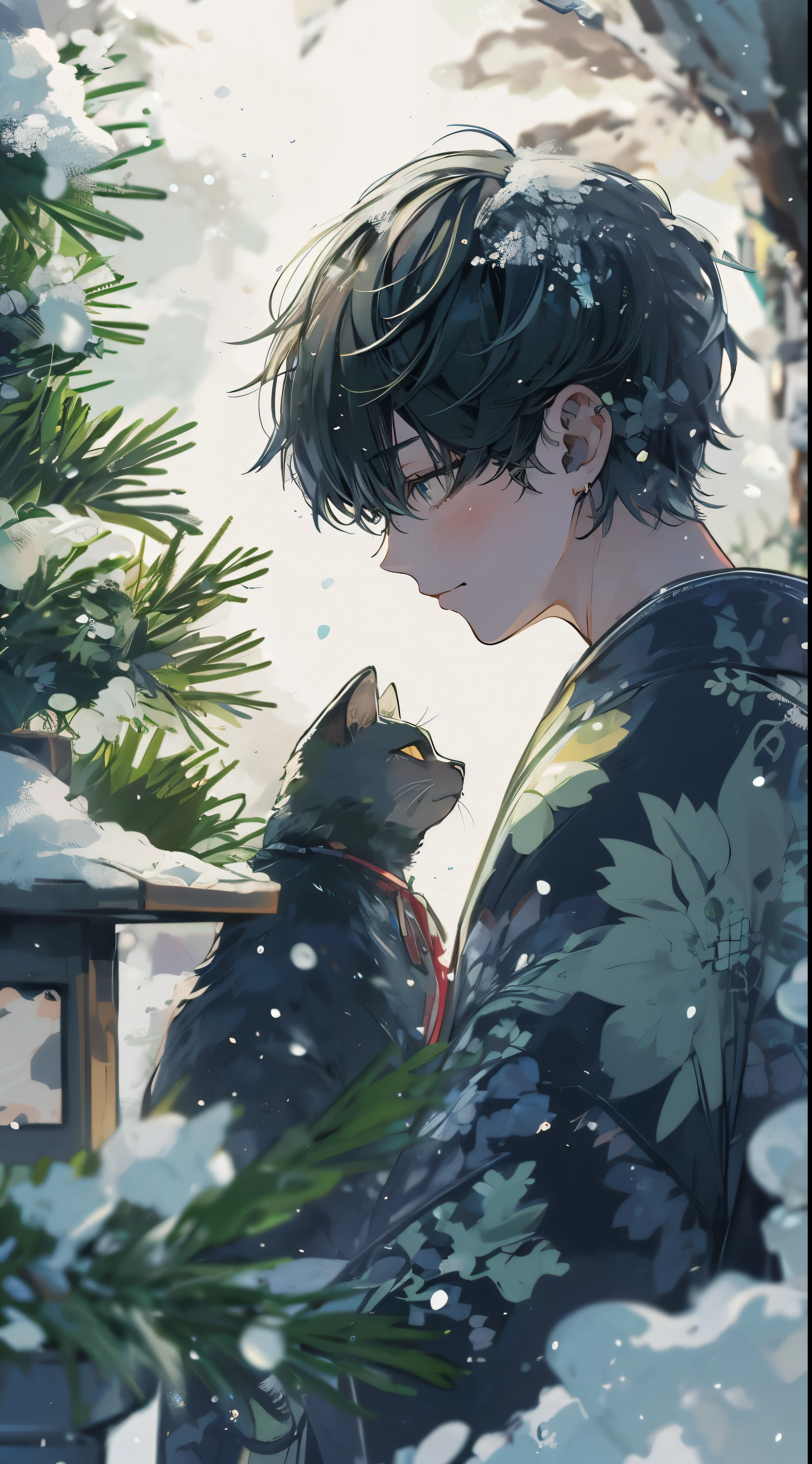 Handsome young man celebrating new year in traditional Japanese atmosphere. The moment just before picking up a black cat and kissing it. quiet garden covered in snow. In the garden there is a small pine tree and a snow-capped stone lantern., Softly illuminated by the early morning light of the New Year. Features smooth black hair, Styled in a classic style, Deep brown eyes that reflect the start of a new year full of hope.