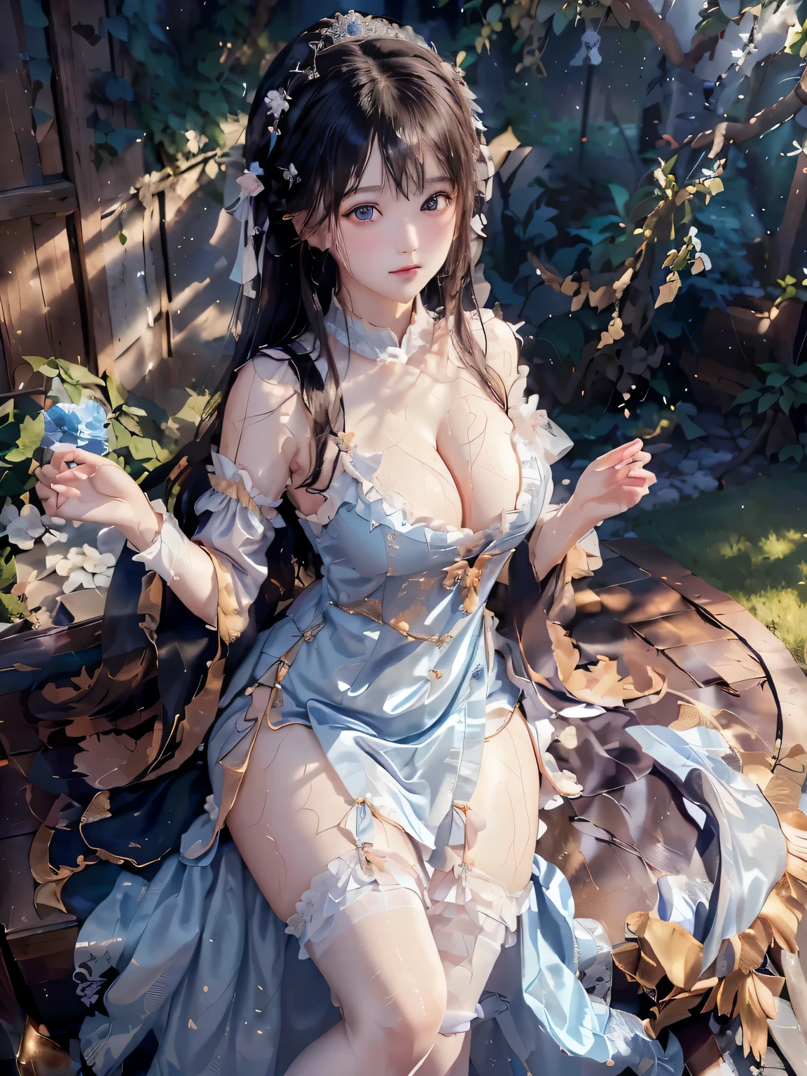 best quality, ultra hi res, photoreaslistic, a photography of a beautiful woman,   age, detailed face, black Feathered layers, (detailed porcelain doll,delicate clothes with a lot of frills and ribbonridge, (face close up), open V-chested clothes royal, Wet body of thin silk fabric, Thin silk lace dress, (huge boobs，cleavage),, white pink, blue ，best qualtiy，tmasterpiece，超高分辨率，（真实感：1.4），RAW photogr，（True skin texture：1.3），（filmgrain：1.3），（Selfie angle），1个Giant Breast Girl，Beautiful eye and face details，tmasterpiece，Best quality at best，exposing thighigchest，The chest more exposed, seductive look, looking at viewer