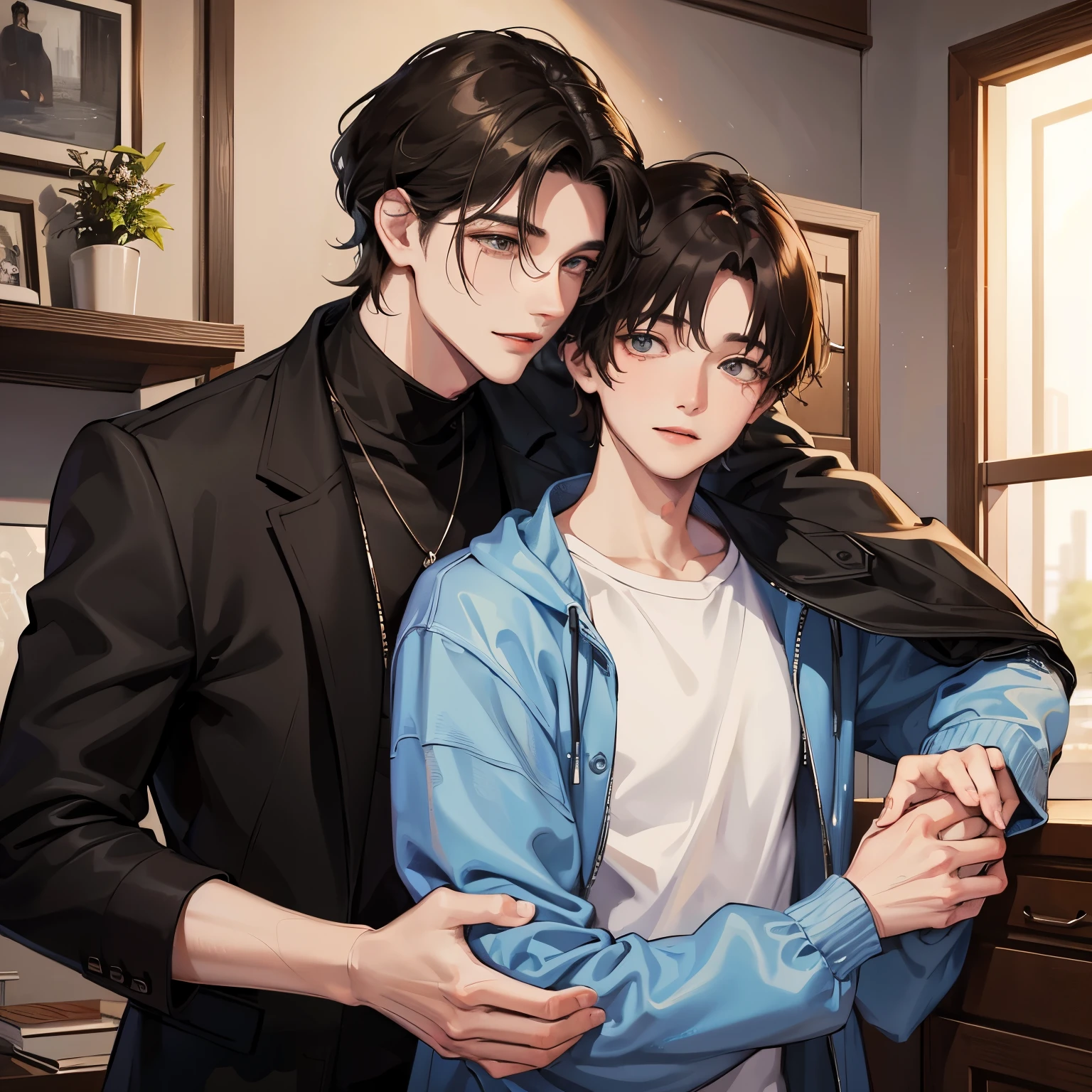 two men with different heights、big man and little man、Black-haired man、Man hugging each other、A detailed face、Happy expression on face、yuki、Winter、Lovers、cute boy and handsome guy