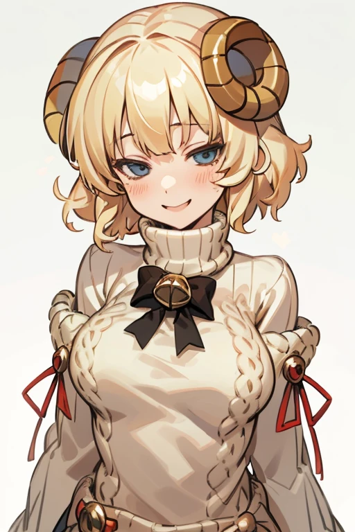 masutepiece, Best Quality, absurderes, Perfect Anatomy, 1girl in, Solo, wear sheep, Blonde hair, Blue eyes, Horns, Sheep's ears, background whites, Portrait, Upper body, Large breasts, Sweaters, turtleneck Sweaters, Smile,mouth slightly open,