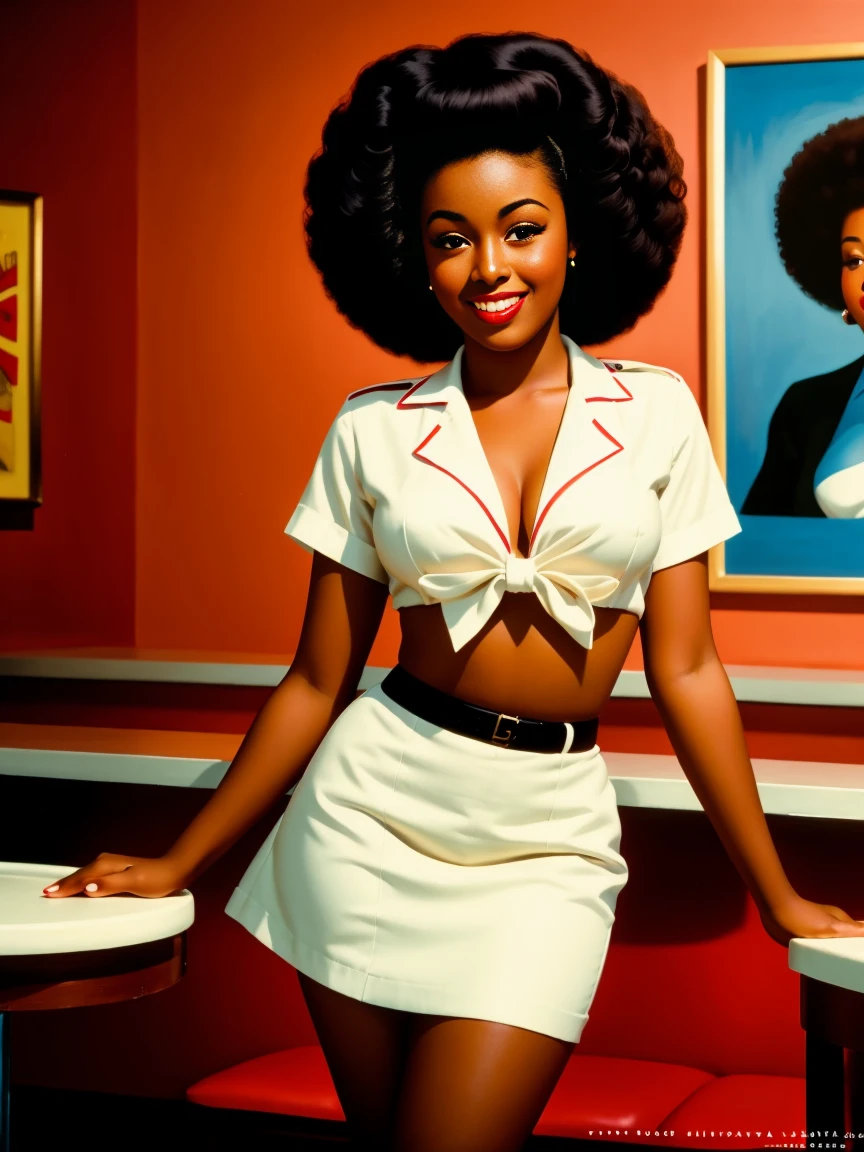 a waitress, pinup, dark skin, afro, art style, kodak portra 400, cinematic, (smiling:0.6), (closeup:0.8)