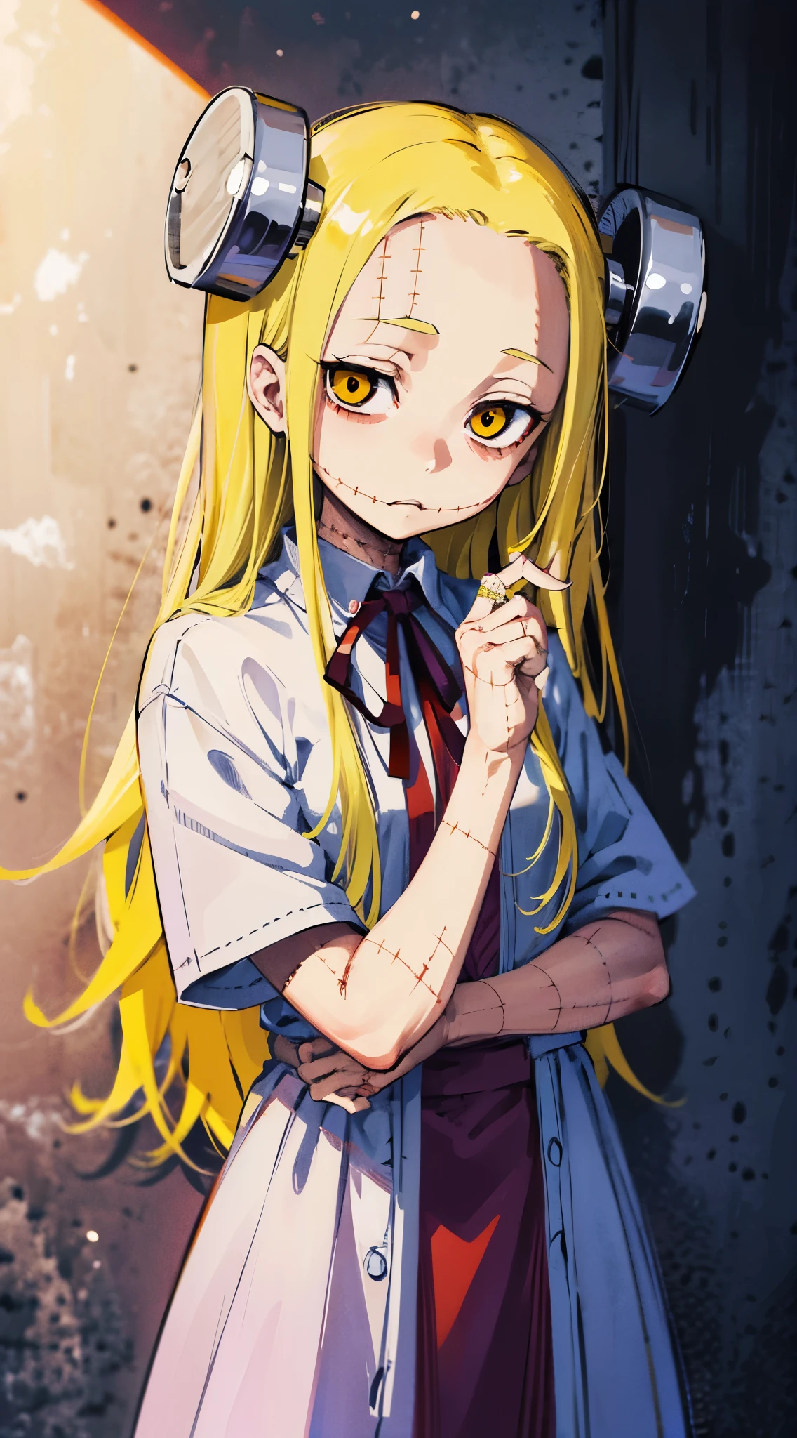 Madaraki_Fran,A  girl ,stands,awkward,the madhatter ,surgeon ,wrinkles,concerned,(()), hairlong , yellow hair,seams , Scars on the body , A creepy look , scary eyes , An intimidating look , creepy smile , bags under eyes, ((((Tired))))