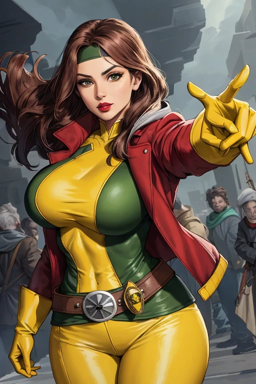Rogue, Classic, Superhero, Southern Belle,  looking at viewer, large breasts, voluptuous, jacket, parted lips,belt, open jacket,  lips, covered navel, makeup, headband, outstretched arm, lipstick, multicolored clothes, buckle,  belt buckle, red lips,  yellow gloves, specular highlights, Rogue of the X-men, nice hands, dynamic angle, dynamic lighting, side lighting, rim lighting, sci fi