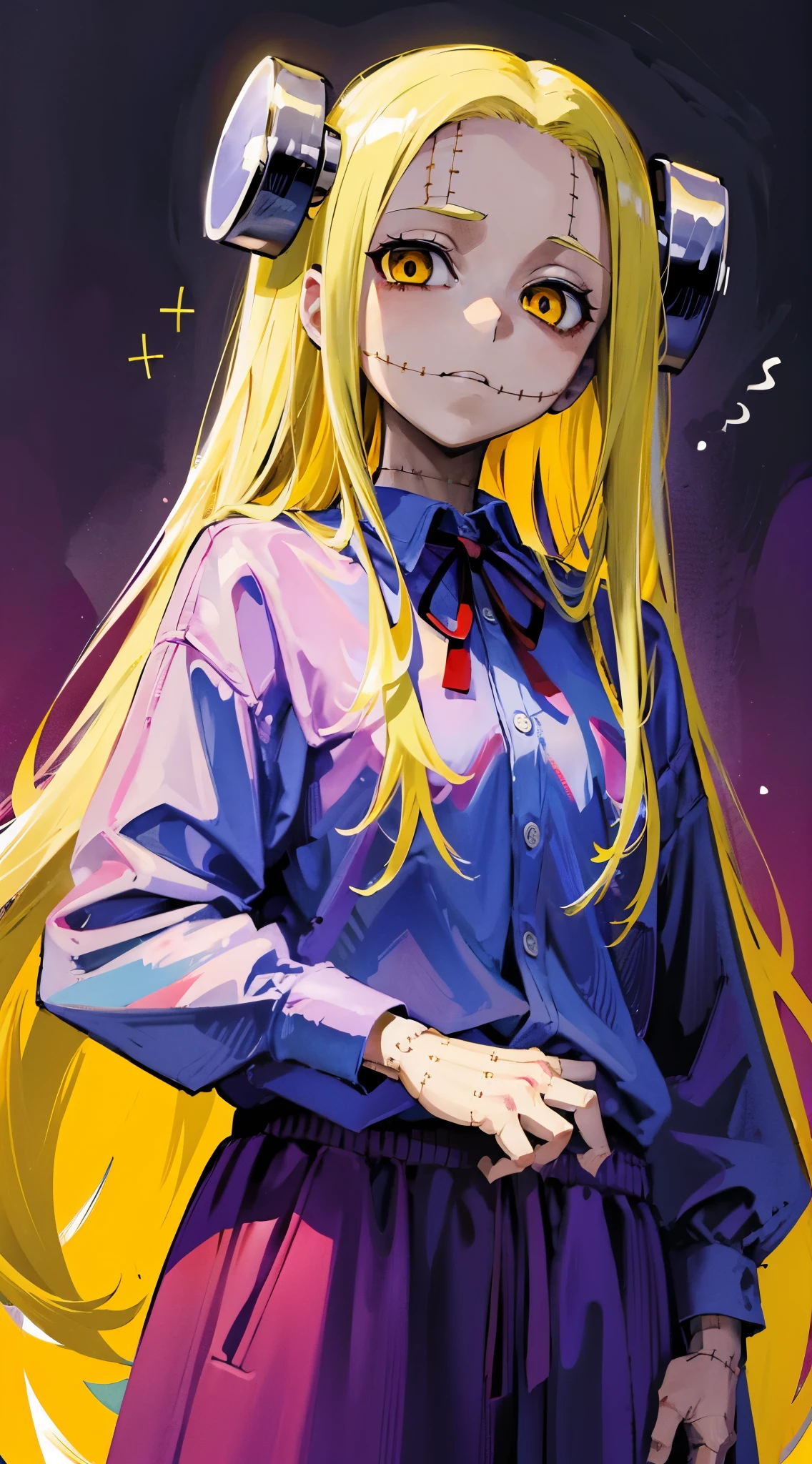 Madaraki_Fran,A  girl ,stands,awkward,the madhatter ,surgeon ,wrinkles,concerned,(()), hairlong , yellow hair,seams , Scars on the body , A creepy look , scary eyes , An intimidating look , creepy smile , bags under eyes, ((((Tired))))