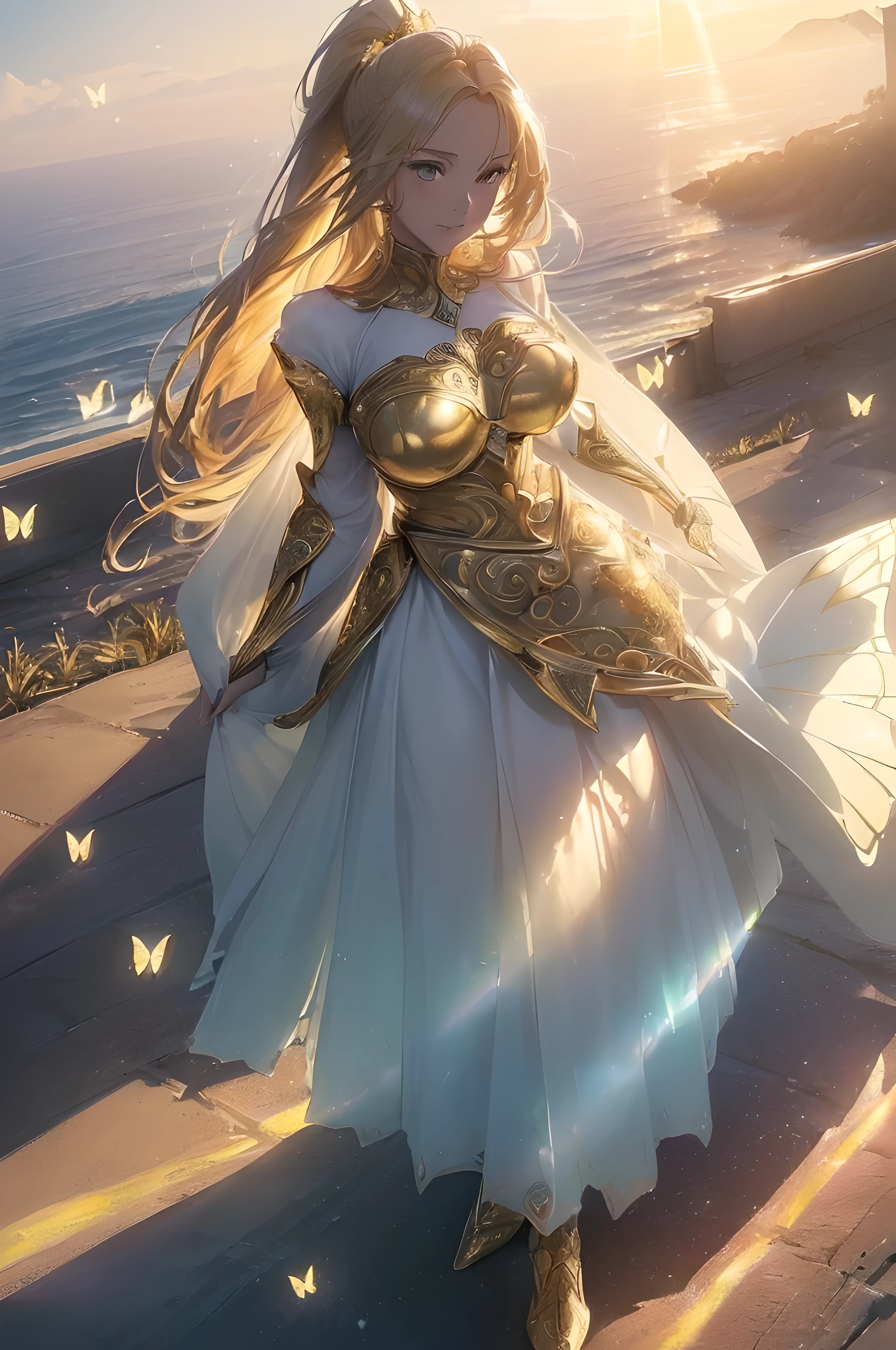 A beautiful woman, mysterious, ((((realistic oil art, 46-year-old Empress, fantasy, Empire  serious scene, vibrant look, (( Angel knight, shining knight, glowing knight, glowing armor, fine armor, intricate armor design, full body armor, full dress clothes, elite clothes, soft clothes, full body dress, black color clothes, black details)), ((( soft gold color armor, silk, cinematic lighting, floating hair, sharp, prism, big shield, beautiful motion)), 1girl, masterpiece, extremely detailed, (beautiful detailed glow), lens flare, golden flare lens, sun flare, clouds, backlighting, (glowing blue sky)
, aurora, sparkling light ,smile, laughter, standing in the distance, looking at the viewer, full-length
, elegance under the sun light, hair ornament, movement motion, image look alive, perfect body figure, very big breast, very big ass, beautiful face, milf, royal, blond color hair, silky hair, shining hair, shine eyes, golden eyes, ponytail long hair style, beautiful skin, Extremely details hair, fine details, cinematic lighting, beautiful lighting effect, creative design, full body frame, divine aura, hard harmony , moon light, perfect color transition, perfect balance of contrast, perfect color layer, perfectly smooth color blur, soft rendering, smooth color stroke, moon glare, optic lens, moonlight ray, soft colors, smooth colors blend, perfect color rendering, harmony, perfect color harmony, beautiful color, soft harmony, light particles, perfect details, intricate details, color prism, fine details, refine details, different view point, extremely details clothes))), Tachibana Omina art style, sharp eyes gaze, half a smile, slightly open mouth, a triumph expression, floating on the sky, stay on cloud, shining with a bright light, calm, breeze and sunlight, sun, clouds, butterflies in the sky, shining butterflies, realism, ((Best quality))),8k,((Masterpiece)),(Extremely refined and beautiful)