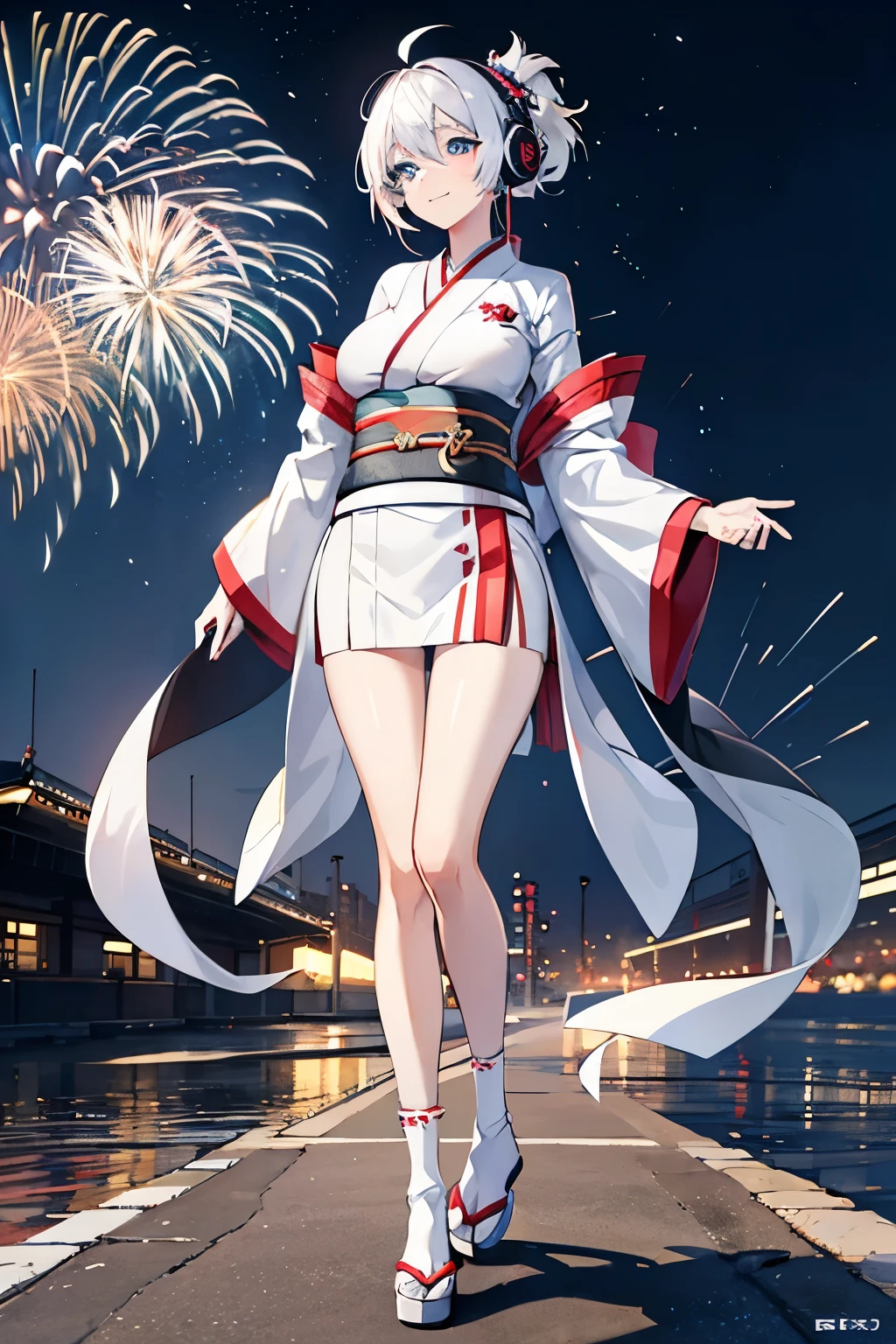 "anime girl, 1 person, silver white hair mixed with black, blue eyes, wearing headphones, women's kimono, same kimono, big breasts, long socks, standing cross-legged, shy smile, side view  , festival, New Year's Eve fireworks, fireworks, solo(full HD Image 4K+)"