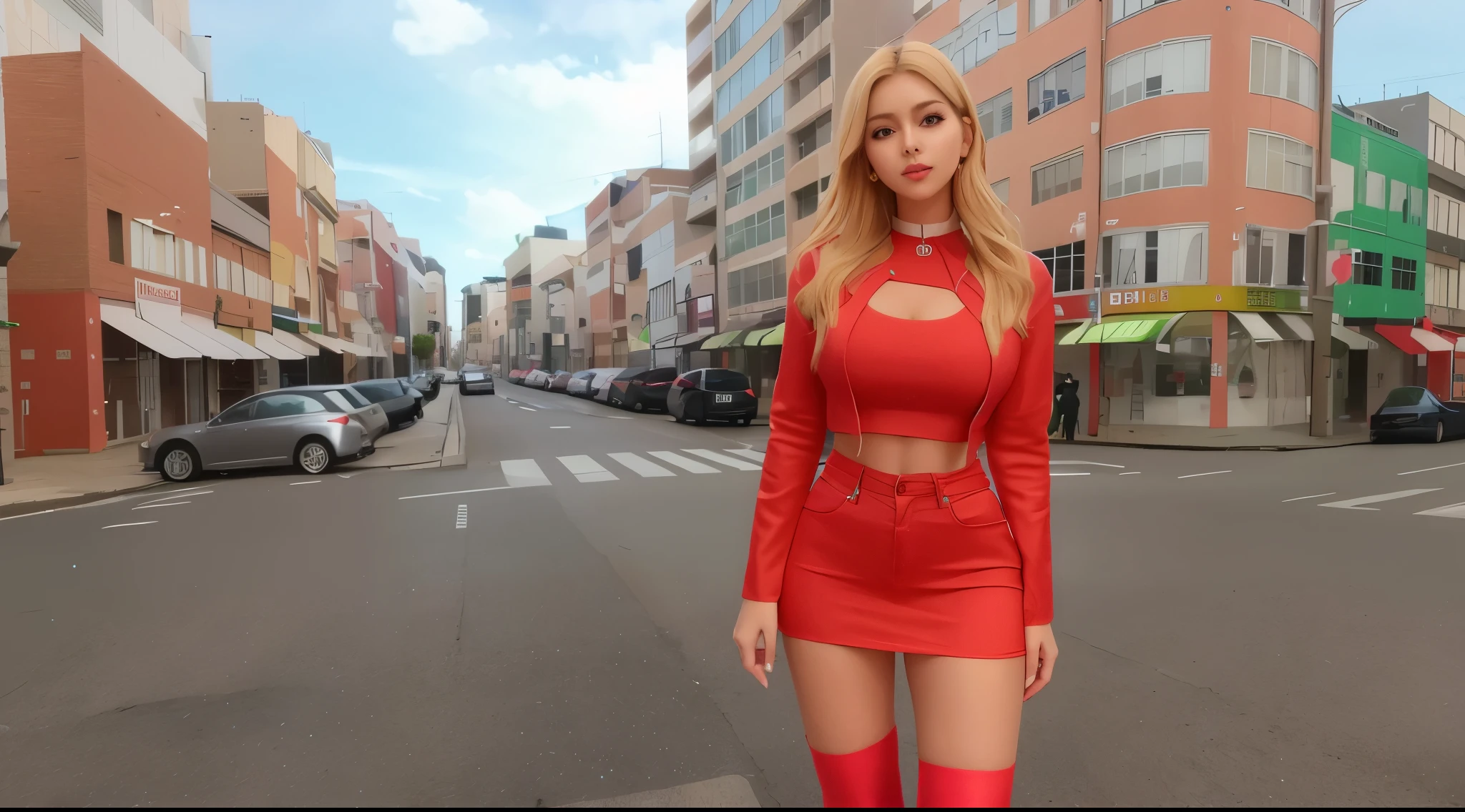 Blonde woman, cabelos loiros, mulher coreana loira, k-pop star in a saia vermelha muito curta, crop top vermelho posing for a picture, dressed in a vestida de vermelho, vestida de vermelho, corpo rosa, vestido aberto, vestido skintight, bela foto de corpo inteiro, corpo inteiro disparado de perto, tiro de corpo fechado, vestido decotado, Close-up de corpo inteiro, Foto de perfil, cativante e atraente, beleza de cair o queixo, roupa muito sexy