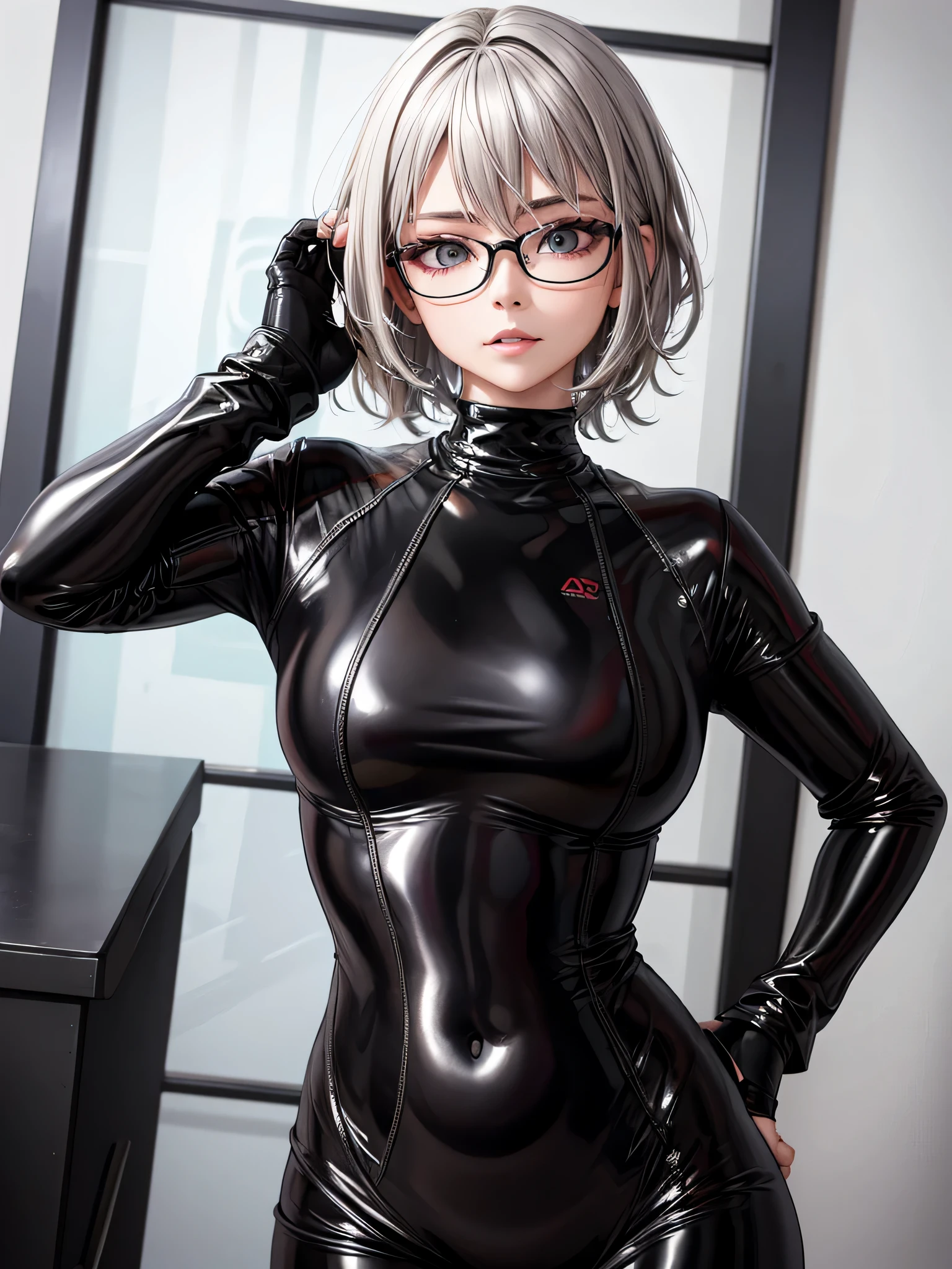 Top quality 8K UHD、A beautiful woman with short hair and silver hair is posing in glasses and a black metallic latex sweatsuit。、black metallic latex sweatsuit with hidden skin