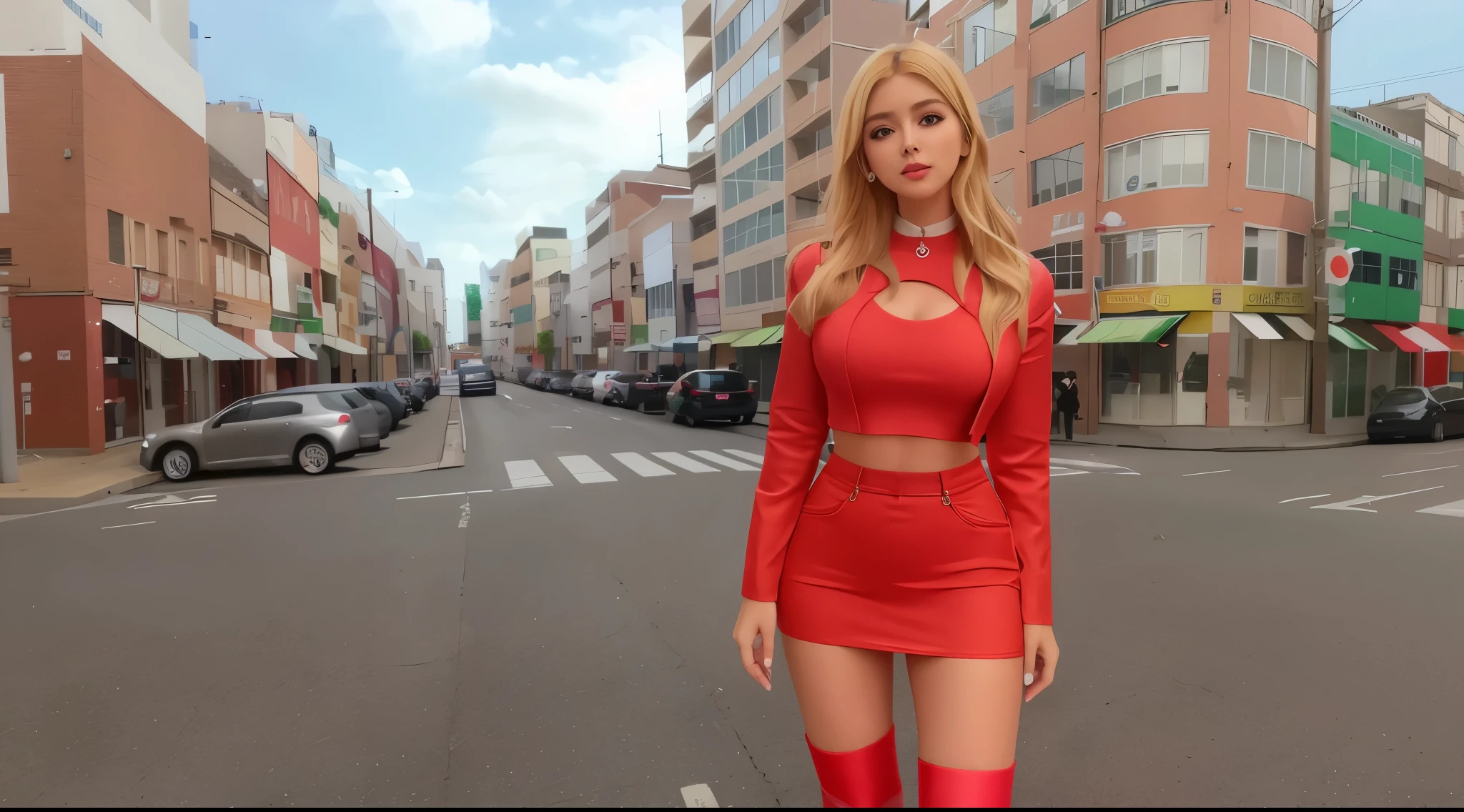Blonde woman, cabelos loiros, mulher coreana loira, k-pop star in a saia vermelha muito curta, crop top vermelho, botas de coxa pretas posing for a picture, dressed in a vestida de vermelho, vestida de vermelho, corpo rosa, vestido aberto, vestido skintight, bela foto de corpo inteiro, corpo inteiro disparado de perto, tiro de corpo fechado, vestido decotado, Close-up de corpo inteiro, Foto de perfil, cativante e atraente, beleza de cair o queixo, roupa muito sexy