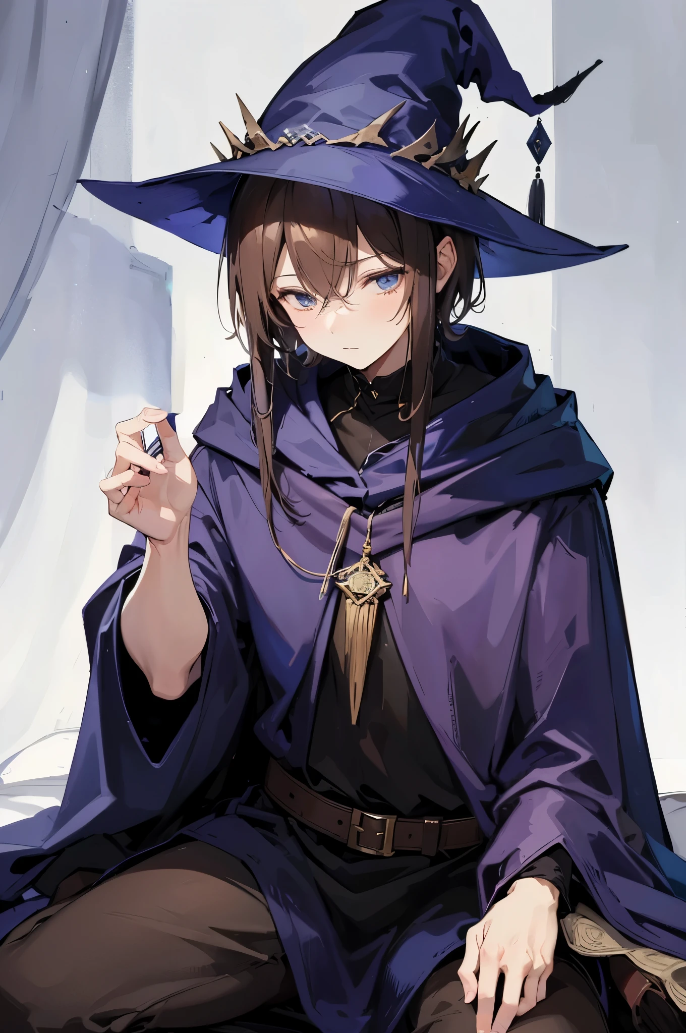 One male wizard 33 years old, tired, bored, eyes half shut, large visible bags under his eyes, he is wearing a pointy fantasy wizard hat and cloak with short brown hair sitting on the edge of his bed in his bedroom. The scene is dreary. The man is chill.