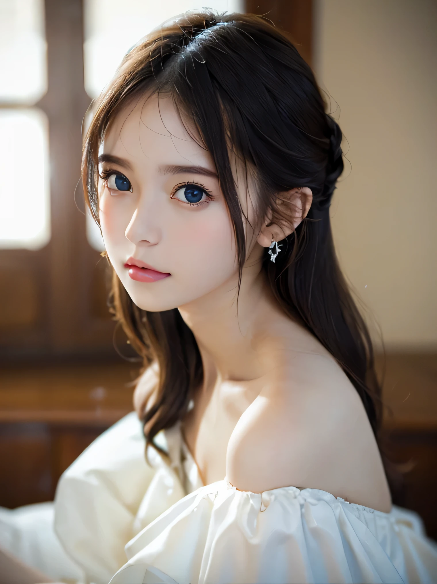 Close-up portrait of a woman wearing white off-shoulder top dress and earrings, soft portrait shot 8 k, lovely delicate face, high-quality 4k portrait, high quality portrait, soft flawless pale skin, 8K highly detailed face, Beautiful delicate face, beautiful light big eyes, beautiful and realistic faces, beautiful young woman with, beautiful and realistic faces, cute young woman