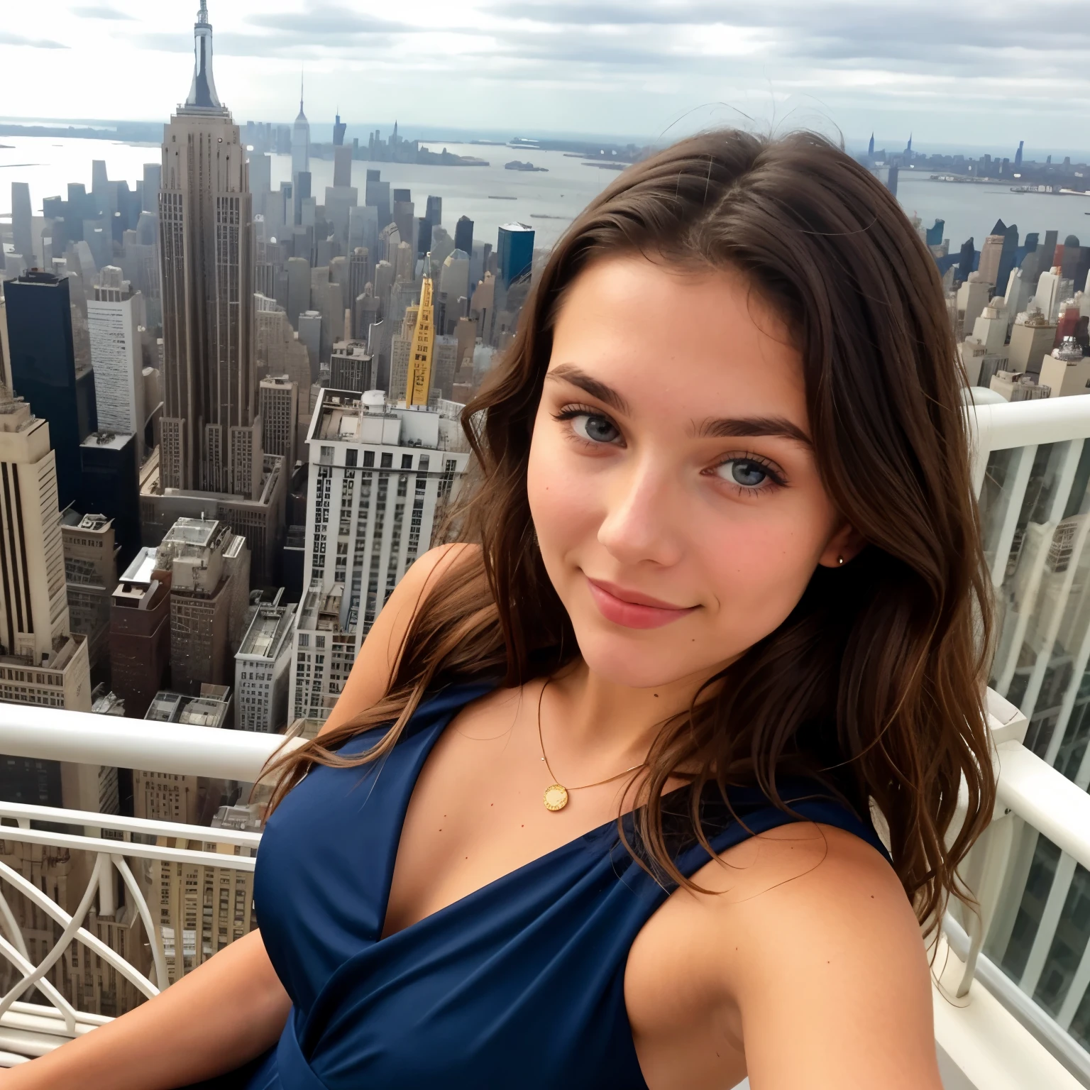 Astrid Olsen a gorgeous brunette wavy haired girl with slightly tanned skin and blue ice eyes, empire state building balcony, take a selfie, luxury dress
