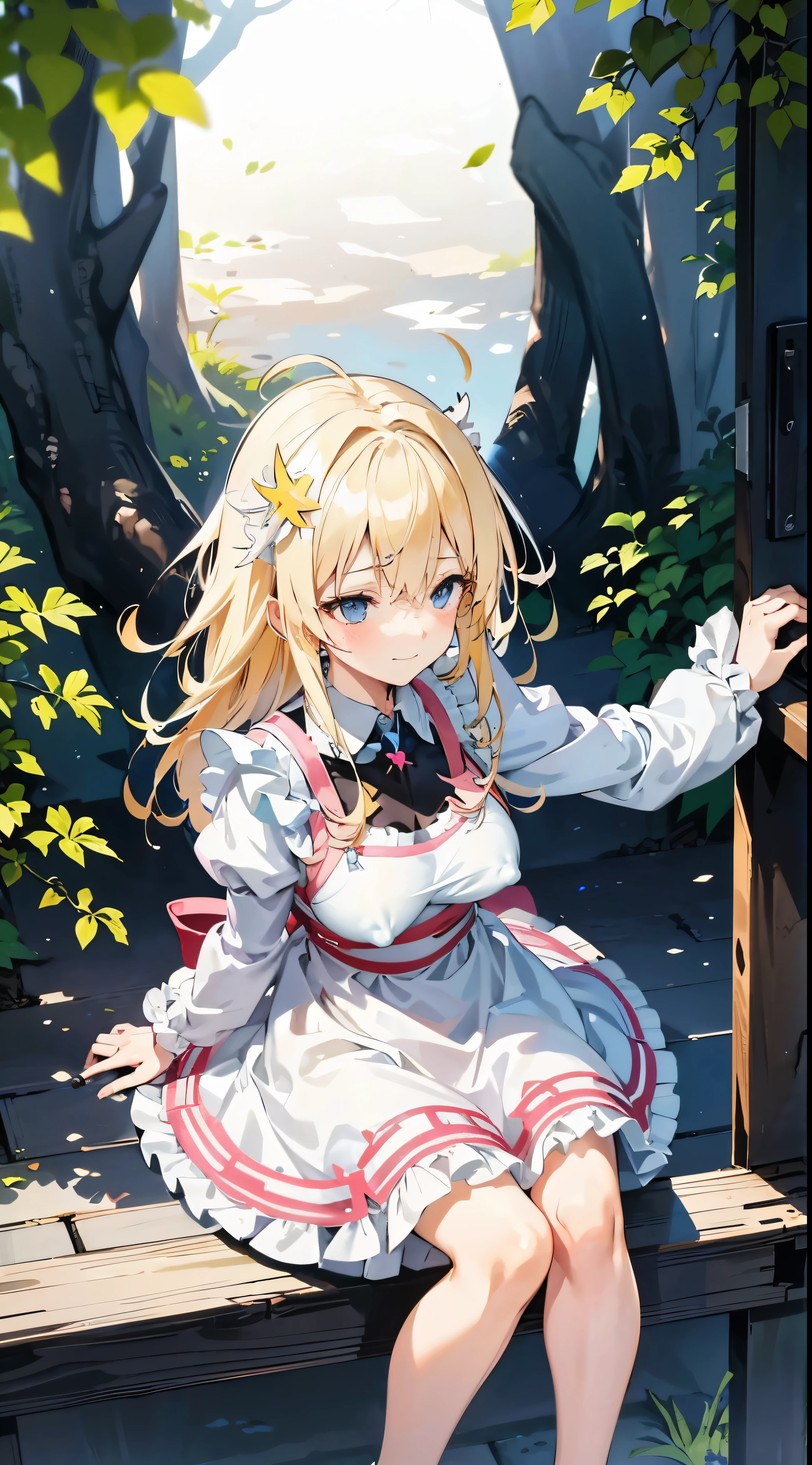 anime styled, High definition illustration, Perfect drawing, Anatomically accurate drawing, alice in the wonderland, In a forest bathed in bright sunlight, Beautiful blonde girl trying to take off the dress she was wearing, ((seminude:1.5)), Curta, A light blue dress with a simple design and frills., Layering a white apron,She holds her dress and apron with both hands and is about to take them off.., He's looking at me with an amused expression, as if he's expecting something..,The Girl'Her apron and skirt are about to come off., So her genitals, breasts, And maybe you can see the nipples., Red headband