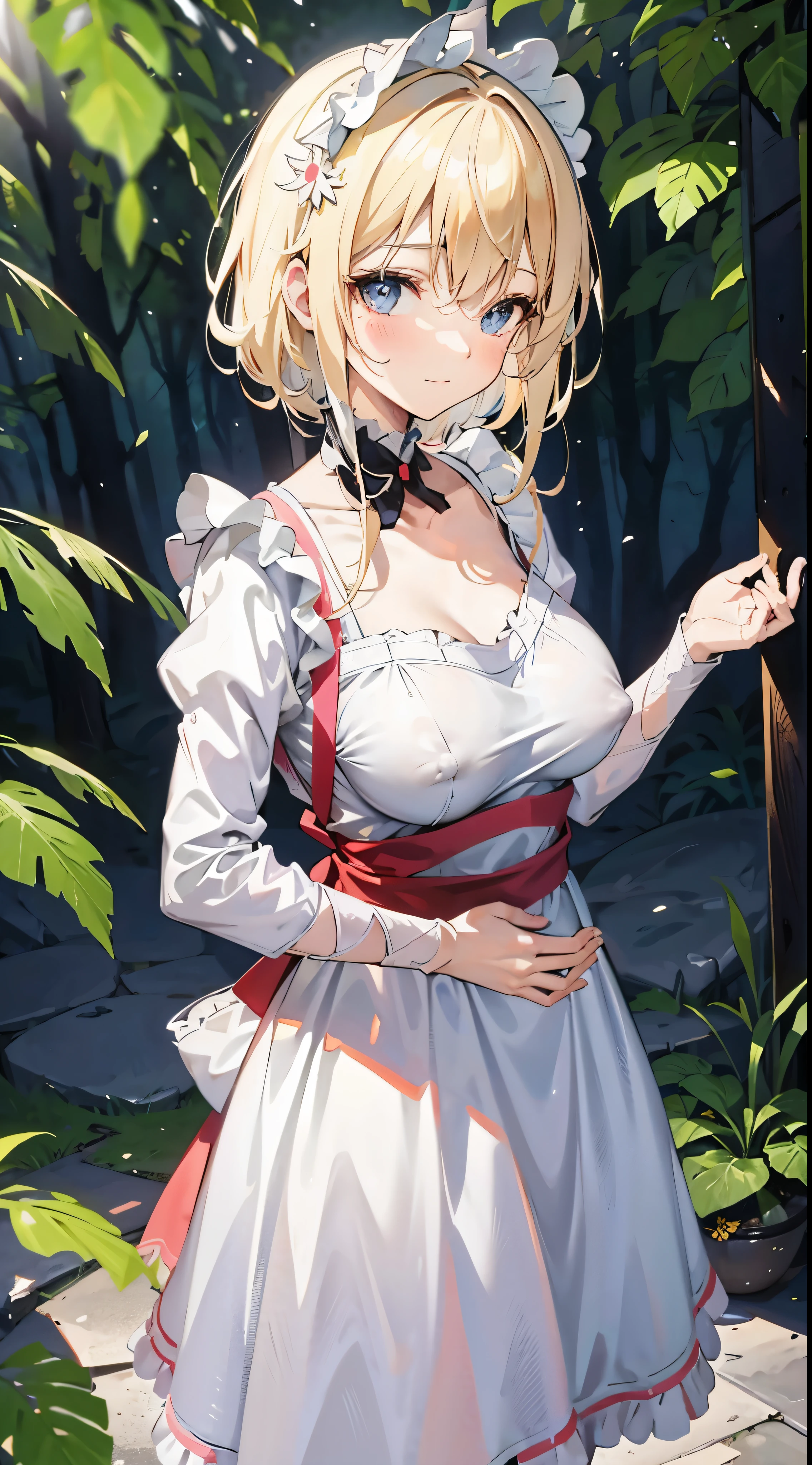 anime styled, High definition illustration, Perfect drawing, Draw anatomically correctly, alice in the wonderland, In the forest where the bright sun shines, A beautiful blonde girl trying to take off the dress she was wearing, ((seminude:1.5)), A short, light blue dress with a simple design and frills., Layering a white apron,She is trying to take off her dress and apron by holding them together in her hands., He is looking at me with an amused expression as if he is expecting something.,The girl's apron and skirt are about to come off, so her genitals, breasts, and nipples may be visible., Red headband