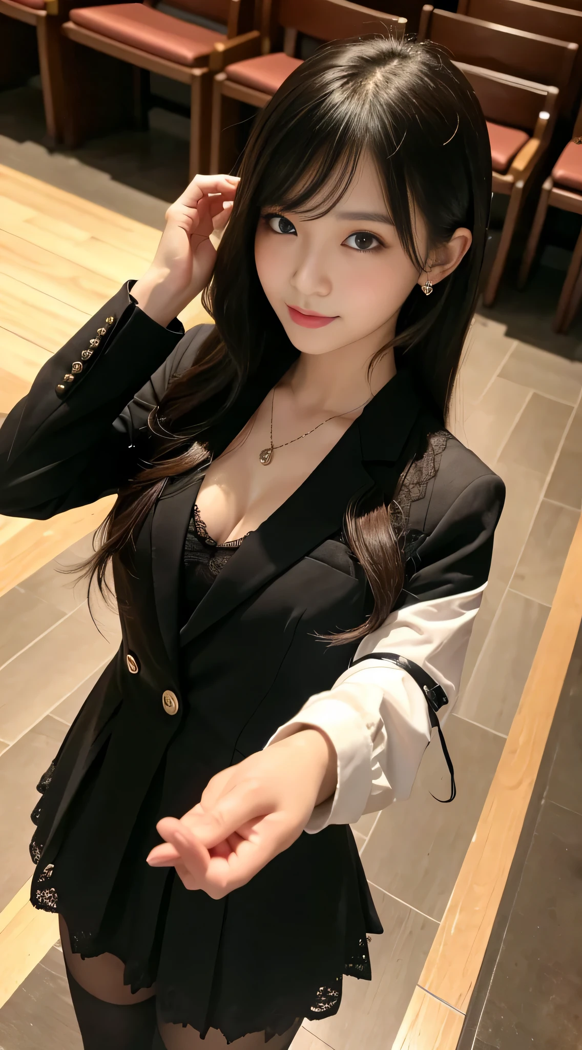 Luxurious space、Hotel Lobby、Straight Long Hair、Black Hair、Jacket、Brown suit、short skirt with floral pattern,、Cleavage（Very large breasts、Very thin and long legs、Perfect figure、High heels、whole body、smile）、1 female、No makeup、Age 25、（masterpiece、8K,RAW Photos、High resolution:1.4）
