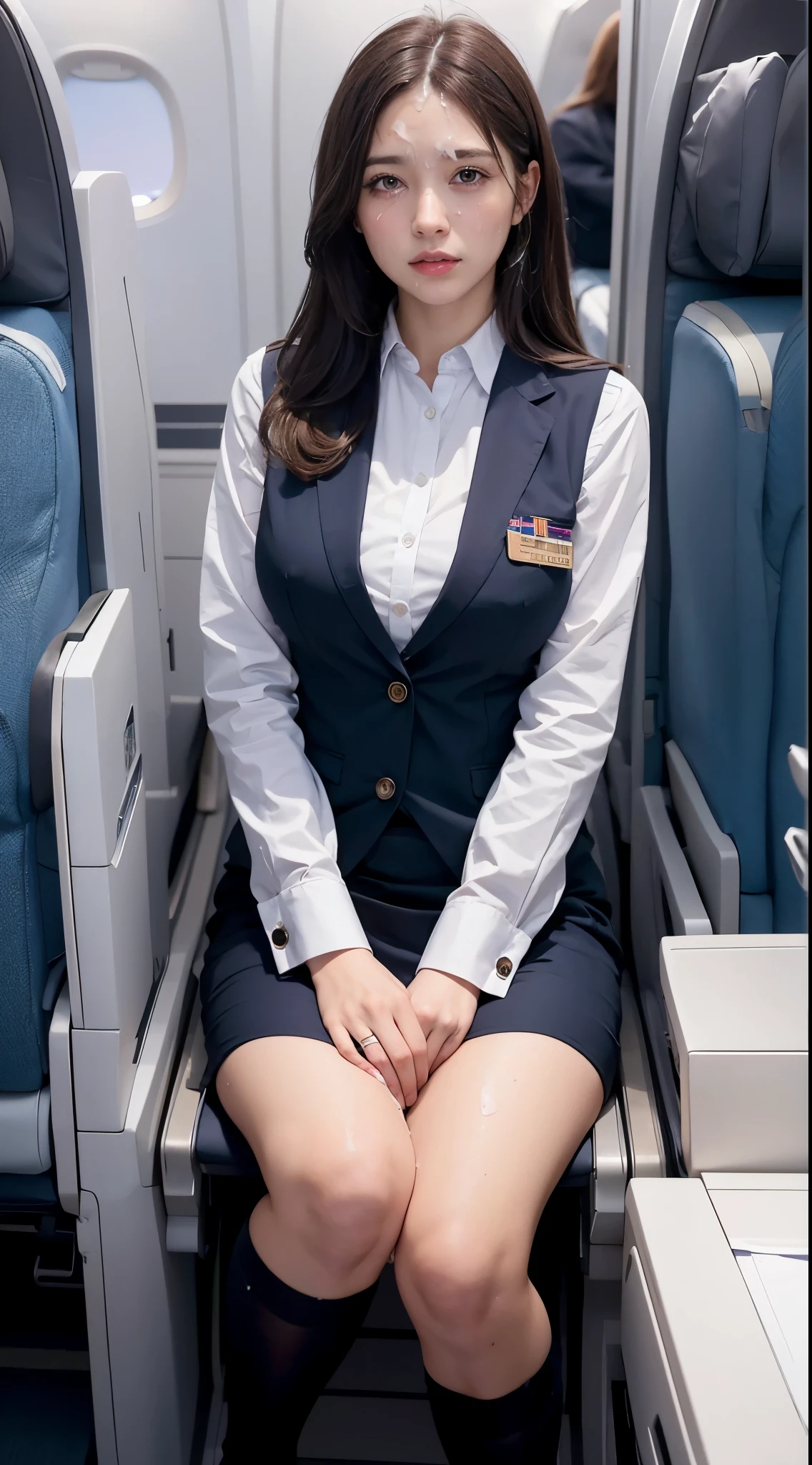 Top Quality, Masterpiece, 8K, Ultra High Definition, (Photorealistic: 1.4), 1 Girl, beautifull face, symmetry eyes, Big, perfect body proportions, Stewardess uniform, The beholder's gaze, (Inside the Airplane: 1.2), Front view, shoulder jump, Absolute area (1.3), ((semen on forehead:1.2)), (semen on head:1.4), (semen on thighs:1.6)